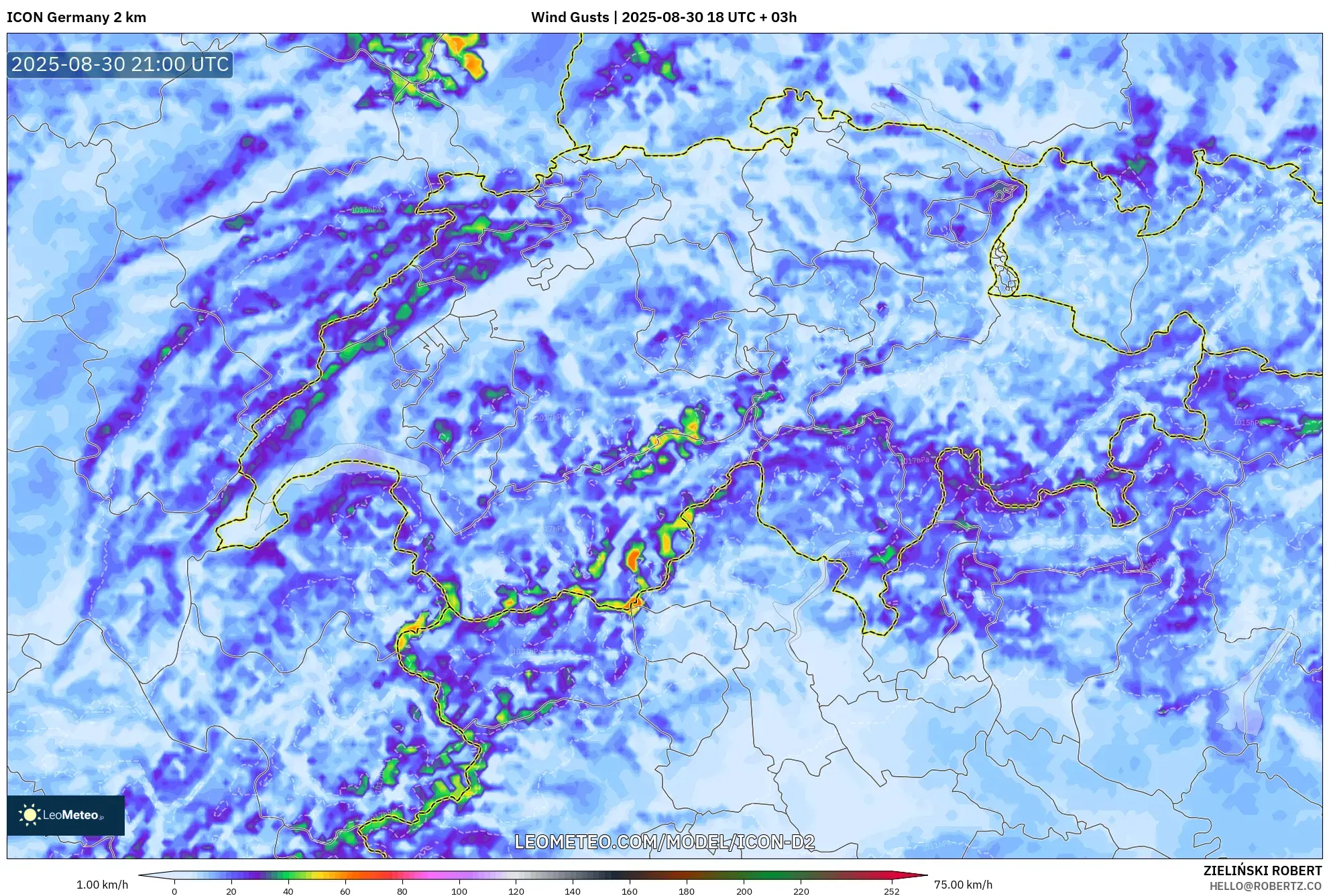 ICON Germany 2 km model - Switzerland, Wind Gusts ICON Germany 2 km model - Switzerland, Wind Gusts