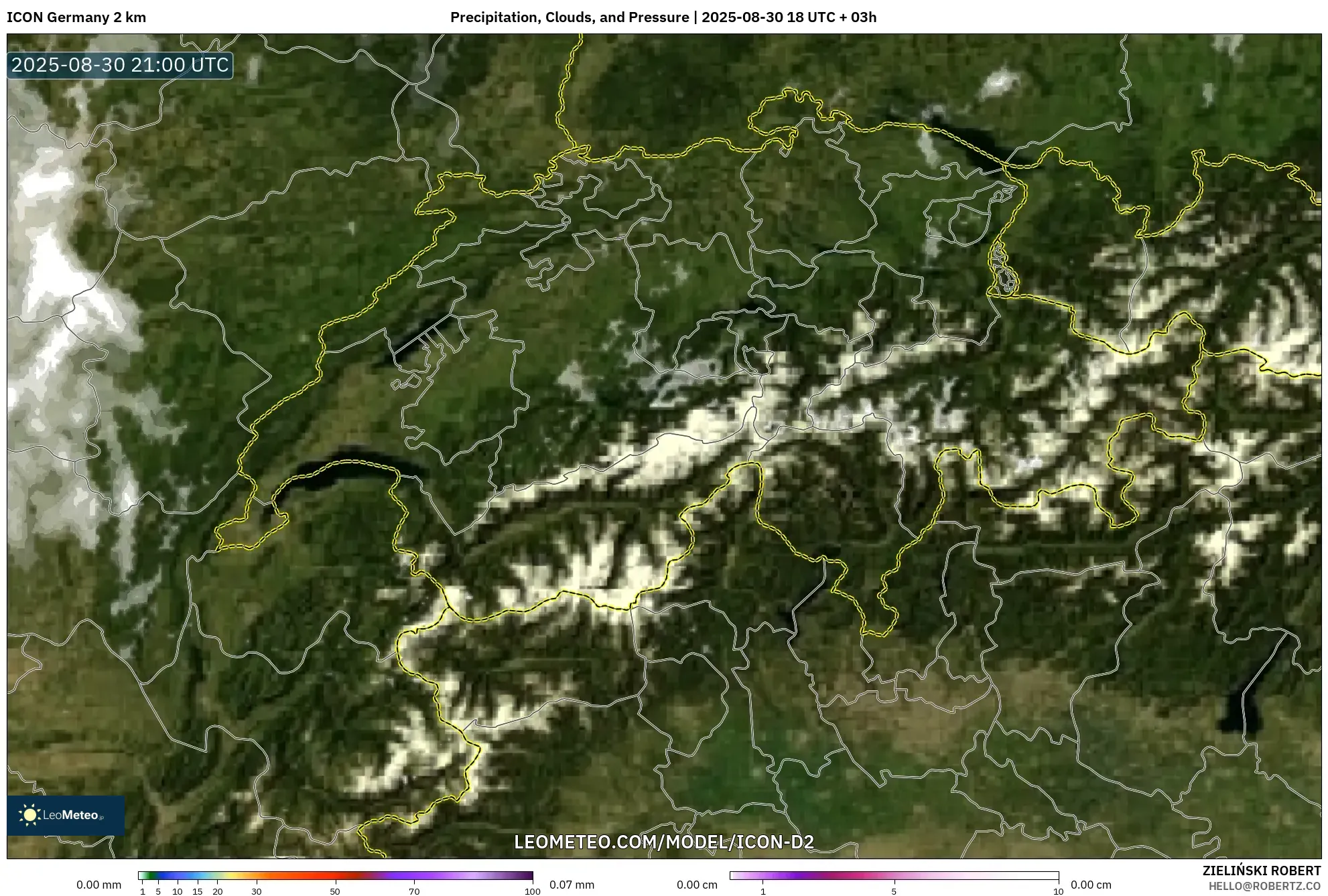 ICON Germany 2 km model - Switzerland, Precipitation, Clouds, and Pressure ICON Germany 2 km model - Switzerland, Precipitation, Clouds, and Pressure