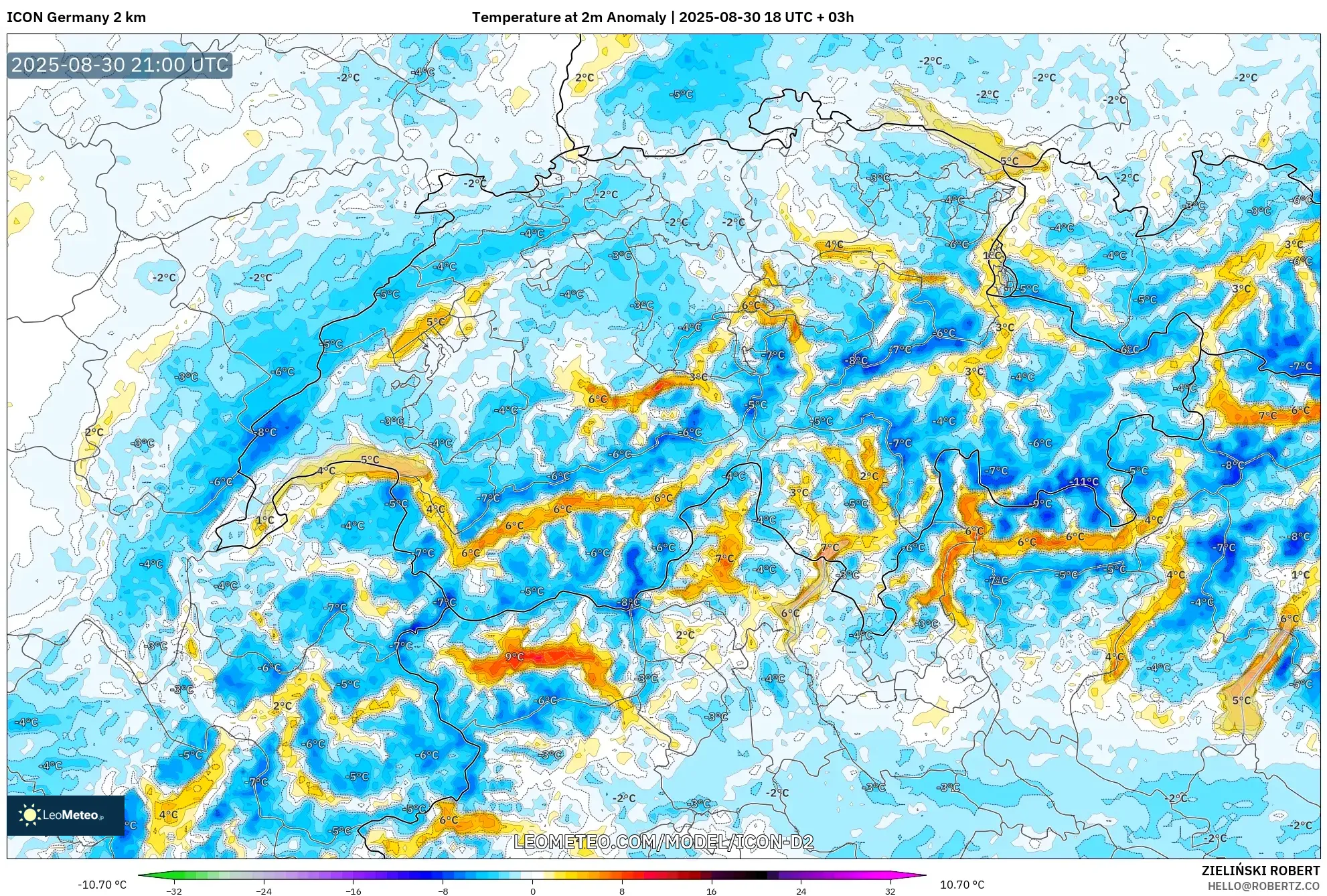 ICON Germany 2 km model - Switzerland, Temperature at 2m Anomaly ICON Germany 2 km model - Switzerland, Temperature at 2m Anomaly