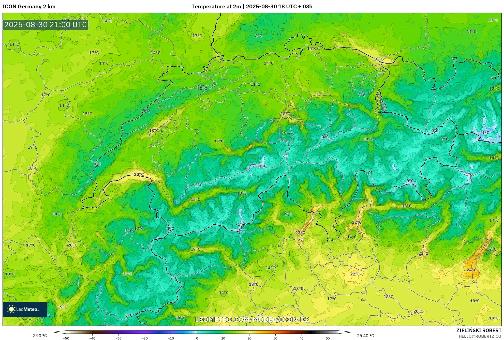 ICON Germany 2 km model - Switzerland, Temperature at 2m ICON Germany 2 km model - Switzerland, Temperature at 2m