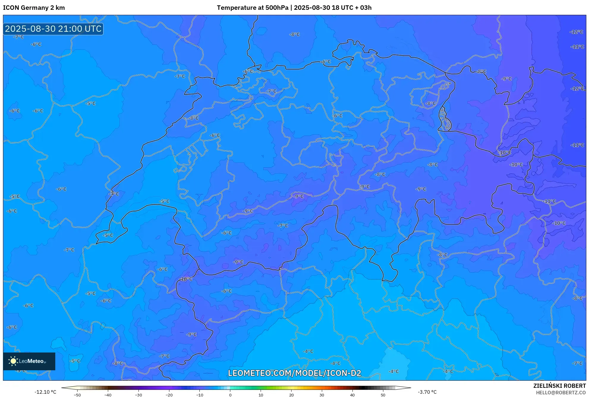 ICON Germany 2 km model - Switzerland, Temperature at 500hPa ICON Germany 2 km model - Switzerland, Temperature at 500hPa