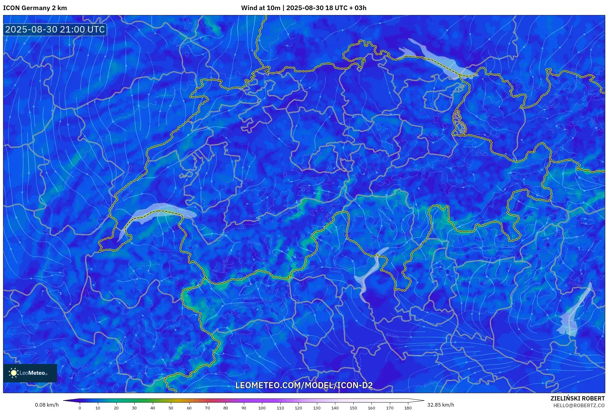ICON Germany 2 km model - Switzerland, Wind at 10m ICON Germany 2 km model - Switzerland, Wind at 10m