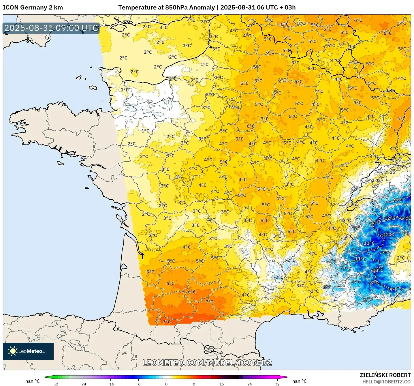 ICON Germany 2 km model - France, Temperature at 850hPa Anomaly ICON Germany 2 km model - France, Temperature at 850hPa Anomaly