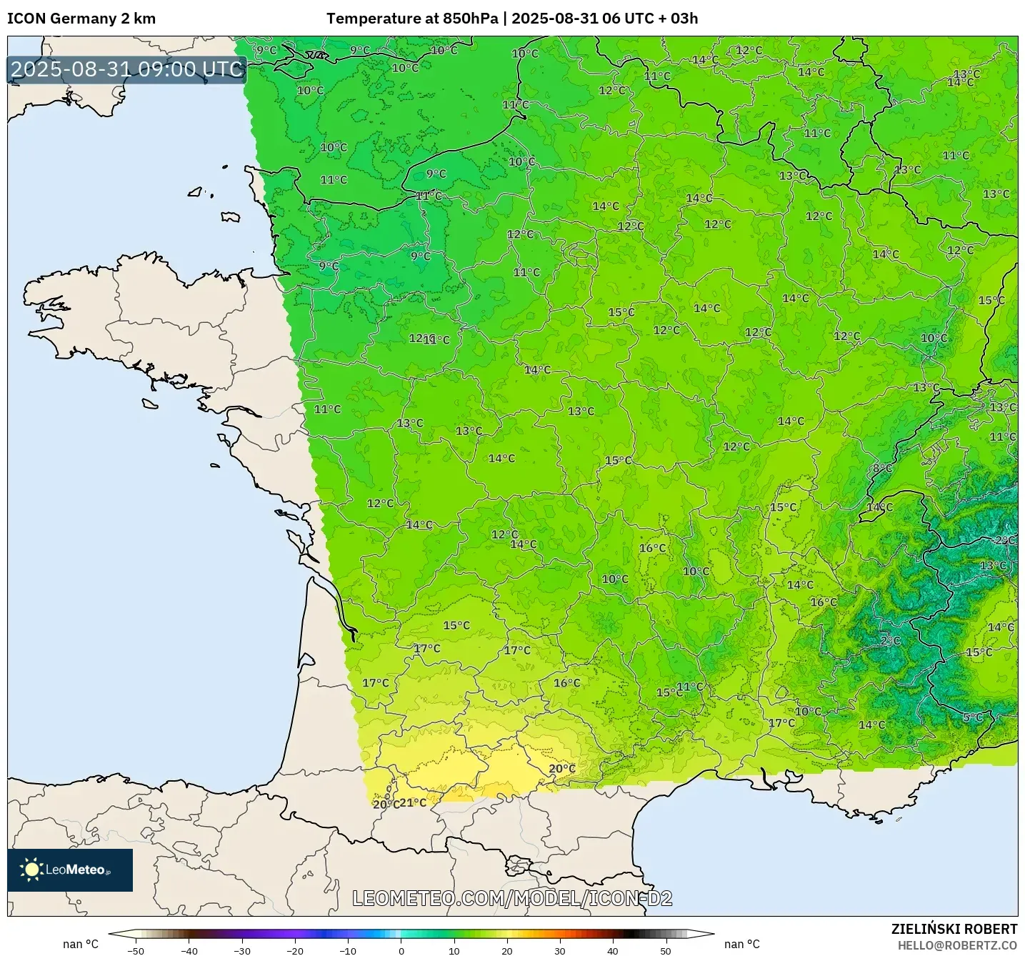ICON Germany 2 km model - France, Temperature at 850hPa ICON Germany 2 km model - France, Temperature at 850hPa