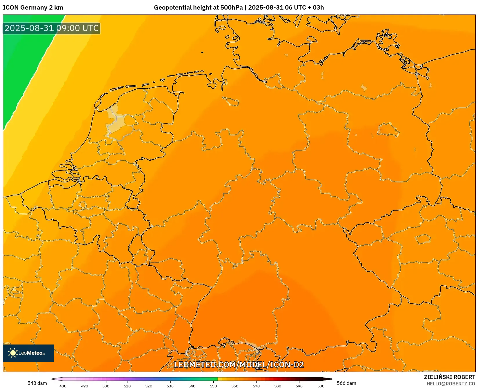 ICON Germany 2 km model - Germany, Geopotential height at 500hPa ICON Germany 2 km model - Germany, Geopotential height at 500hPa