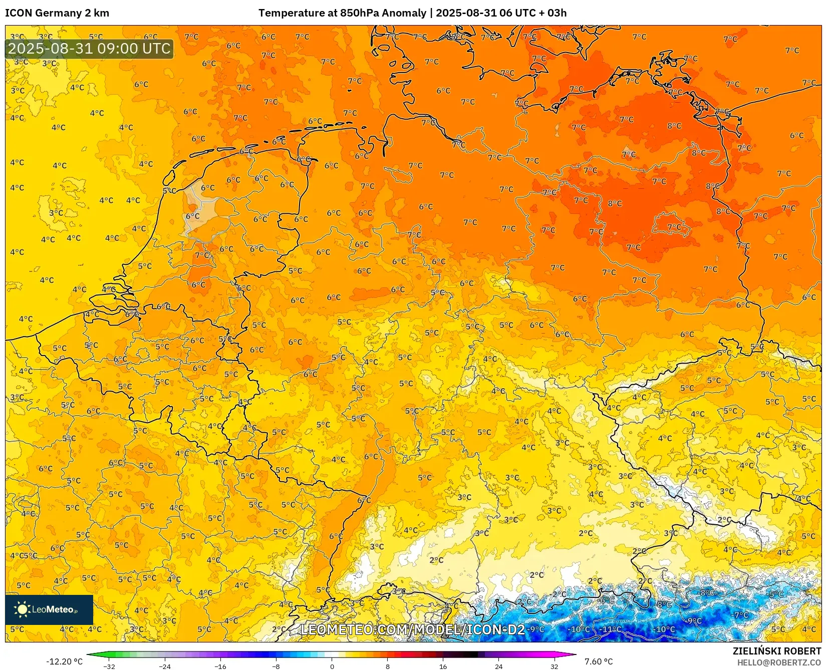 ICON Germany 2 km model - Germany, Temperature at 850hPa Anomaly ICON Germany 2 km model - Germany, Temperature at 850hPa Anomaly