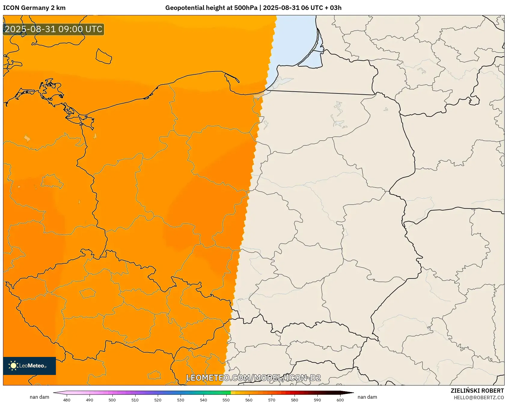 ICON Germany 2 km model - Poland, Geopotential height at 500hPa ICON Germany 2 km model - Poland, Geopotential height at 500hPa