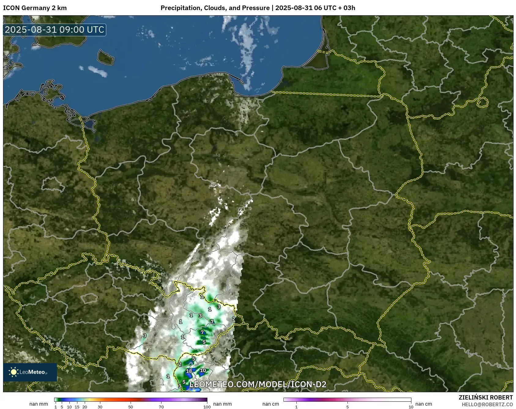 ICON Germany 2 km model - Poland, Precipitation, Clouds, and Pressure ICON Germany 2 km model - Poland, Precipitation, Clouds, and Pressure