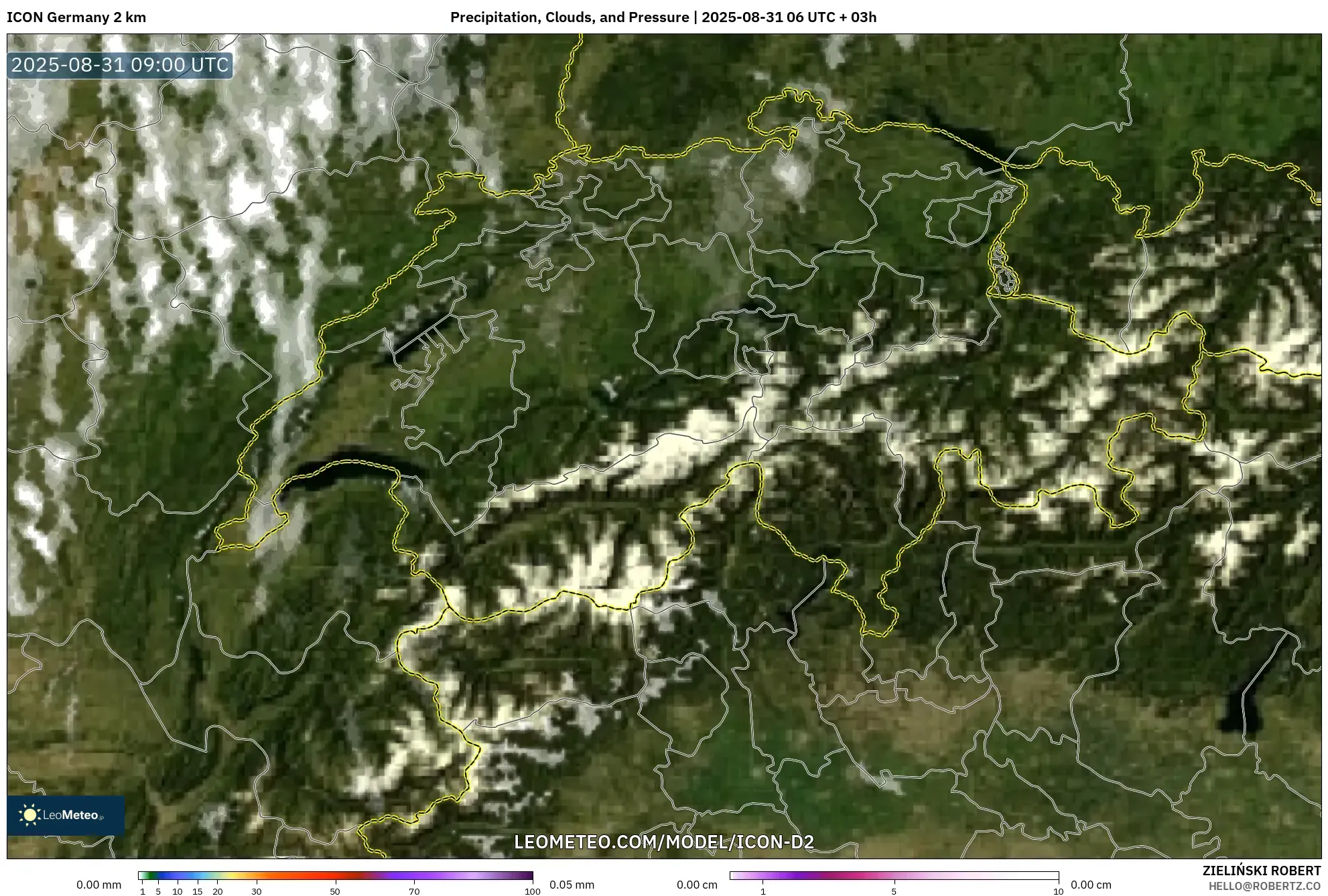 ICON Germany 2 km model - Switzerland, Precipitation, Clouds, and Pressure ICON Germany 2 km model - Switzerland, Precipitation, Clouds, and Pressure