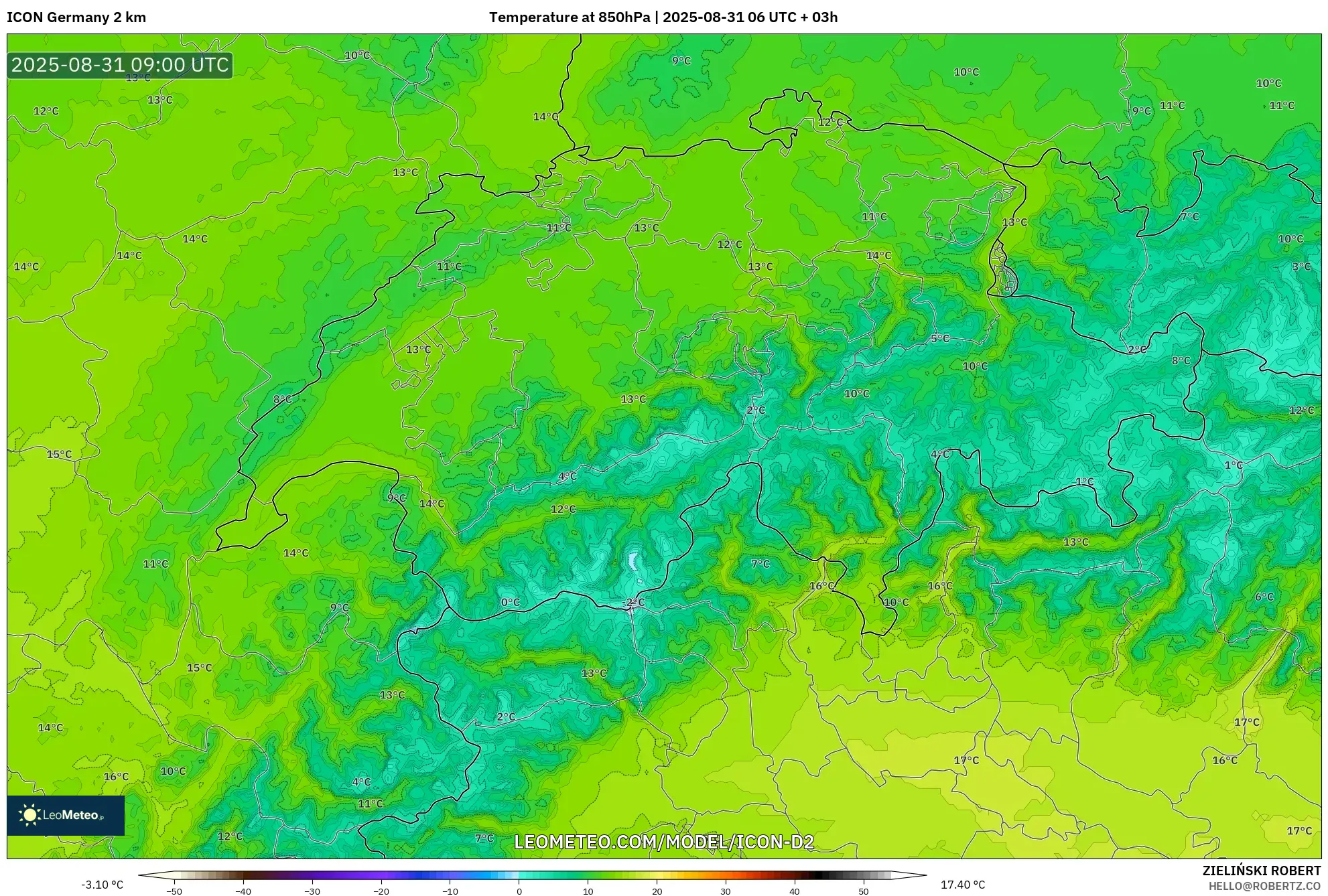 ICON Germany 2 km model - Switzerland, Temperature at 850hPa ICON Germany 2 km model - Switzerland, Temperature at 850hPa