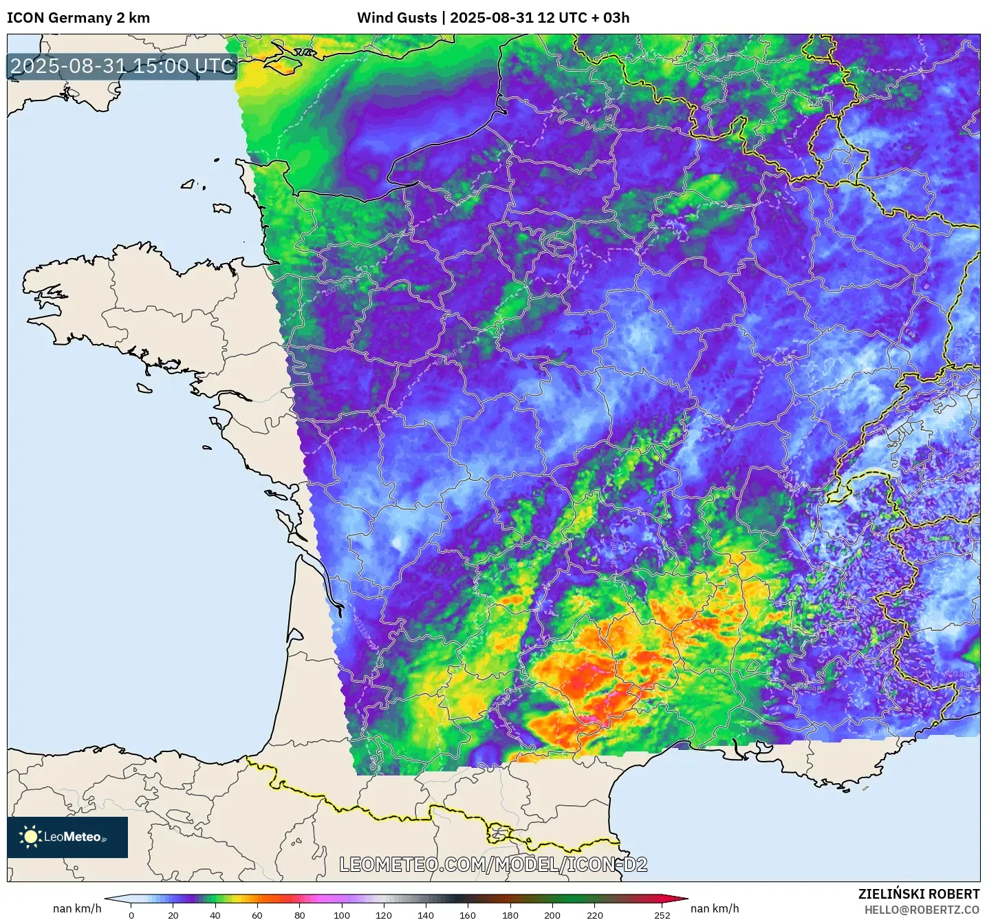 ICON Germany 2 km model - France, Wind Gusts ICON Germany 2 km model - France, Wind Gusts