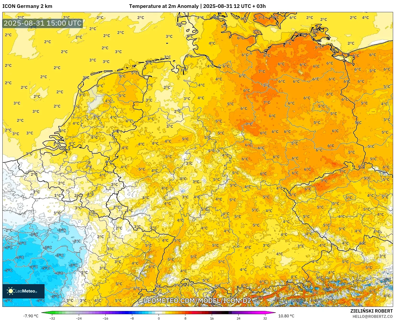 ICON Germany 2 km model - Germany, Temperature at 2m Anomaly ICON Germany 2 km model - Germany, Temperature at 2m Anomaly