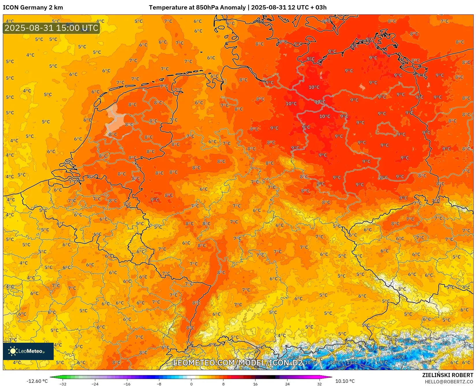 ICON Germany 2 km model - Germany, Temperature at 850hPa Anomaly ICON Germany 2 km model - Germany, Temperature at 850hPa Anomaly