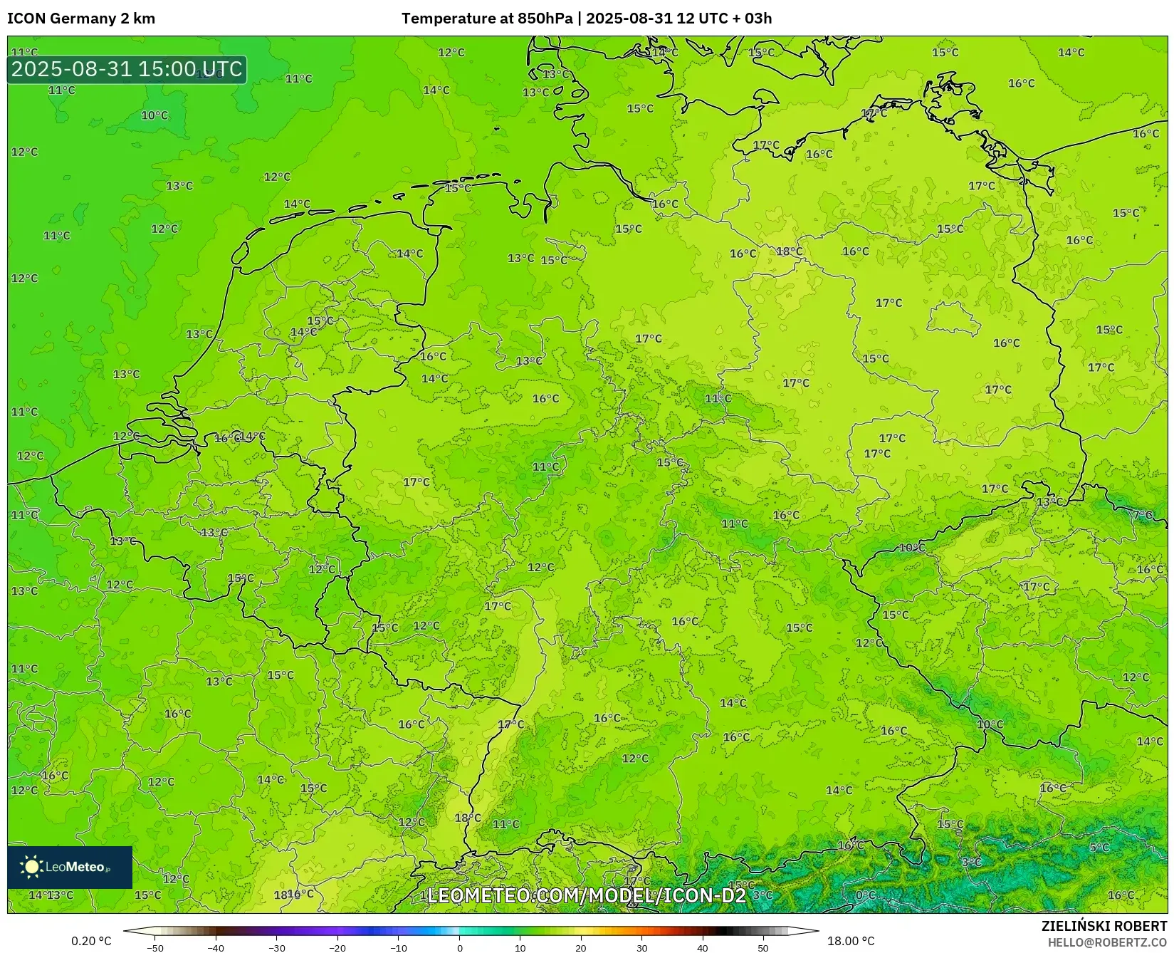 ICON Germany 2 km model - Germany, Temperature at 850hPa ICON Germany 2 km model - Germany, Temperature at 850hPa