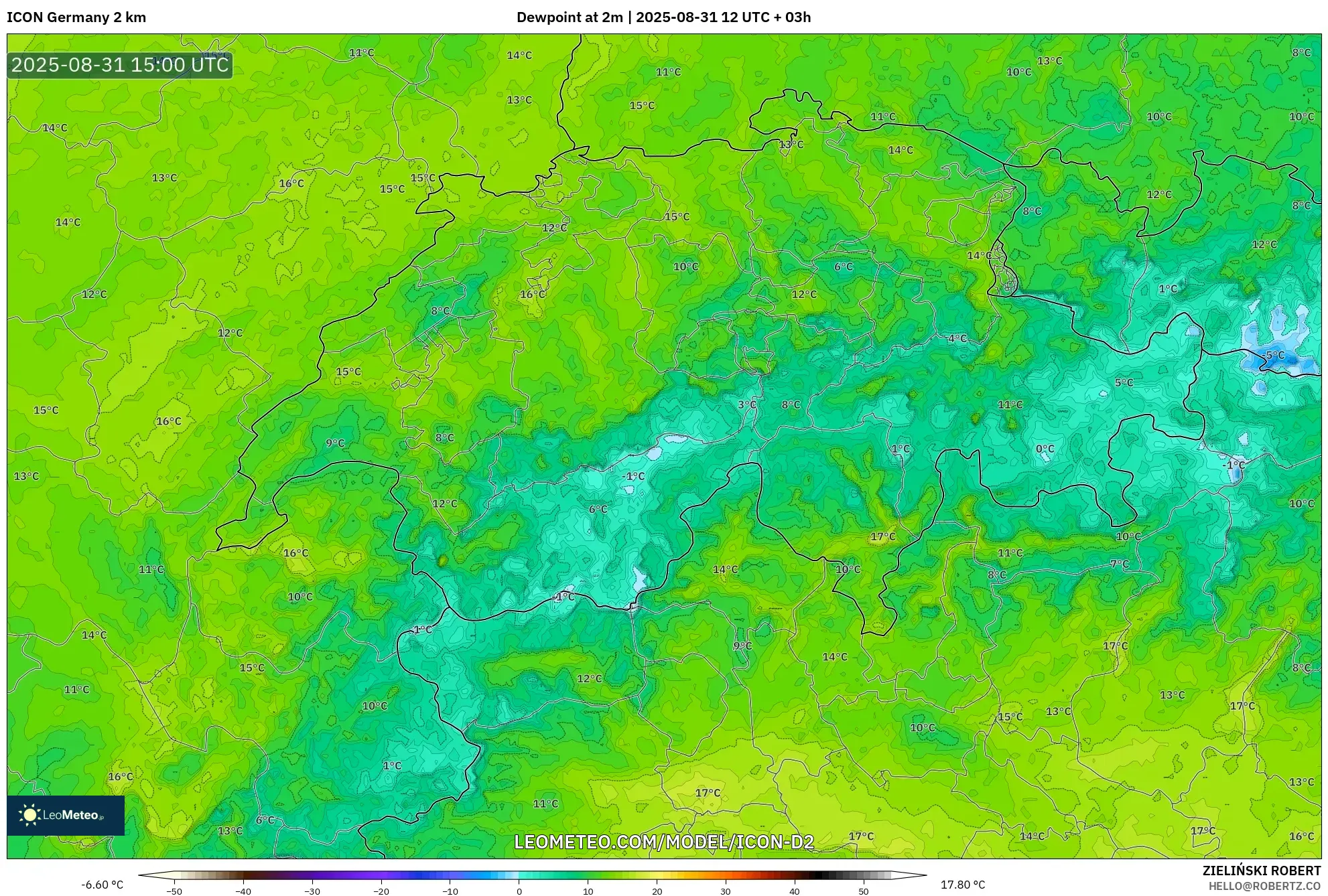 ICON Germany 2 km model - Switzerland, Dewpoint at 2m ICON Germany 2 km model - Switzerland, Dewpoint at 2m