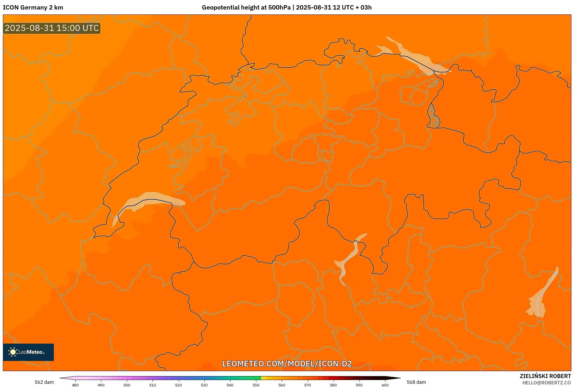 ICON Germany 2 km model - Switzerland, Geopotential height at 500hPa ICON Germany 2 km model - Switzerland, Geopotential height at 500hPa