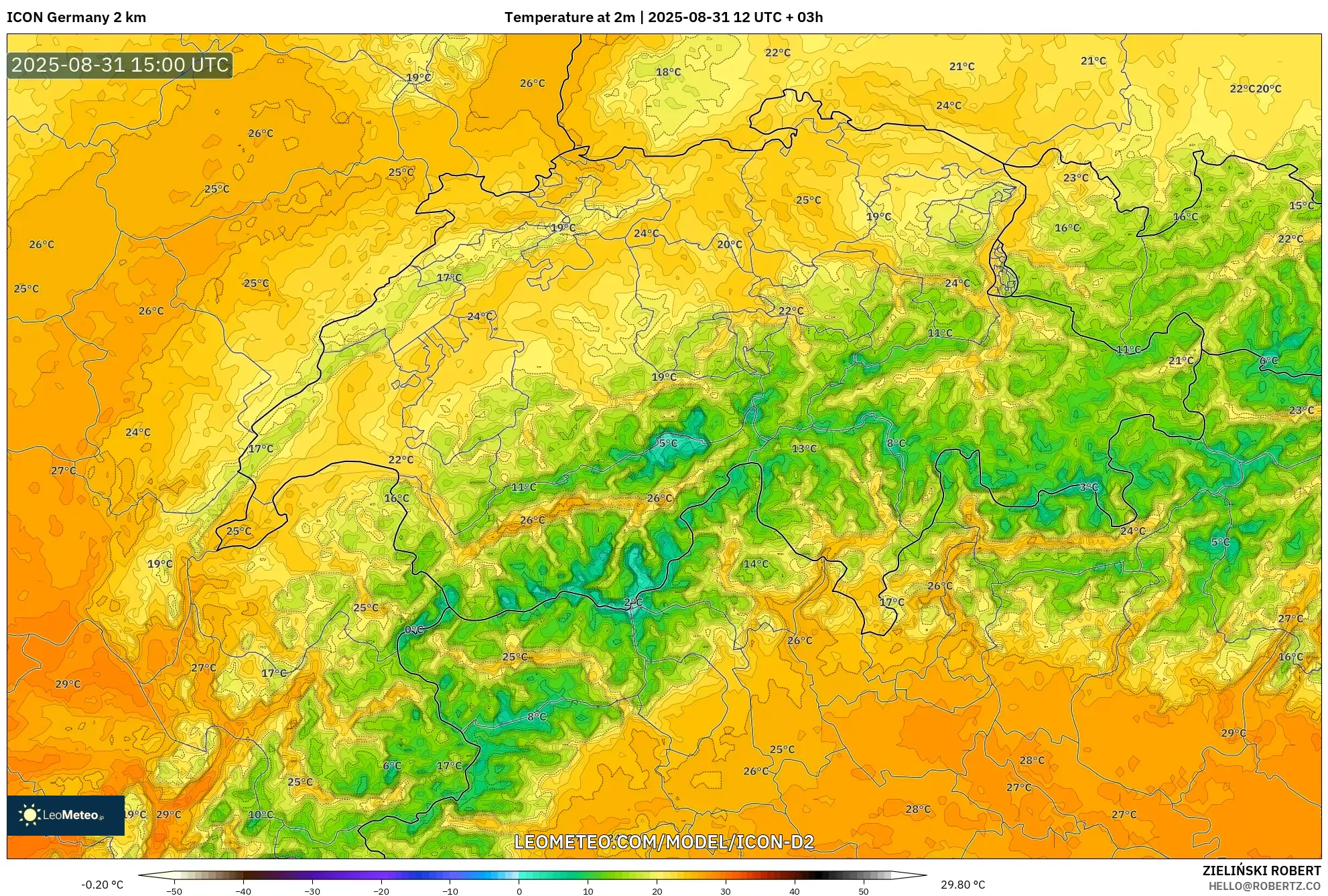 ICON Germany 2 km model - Switzerland, Temperature at 2m