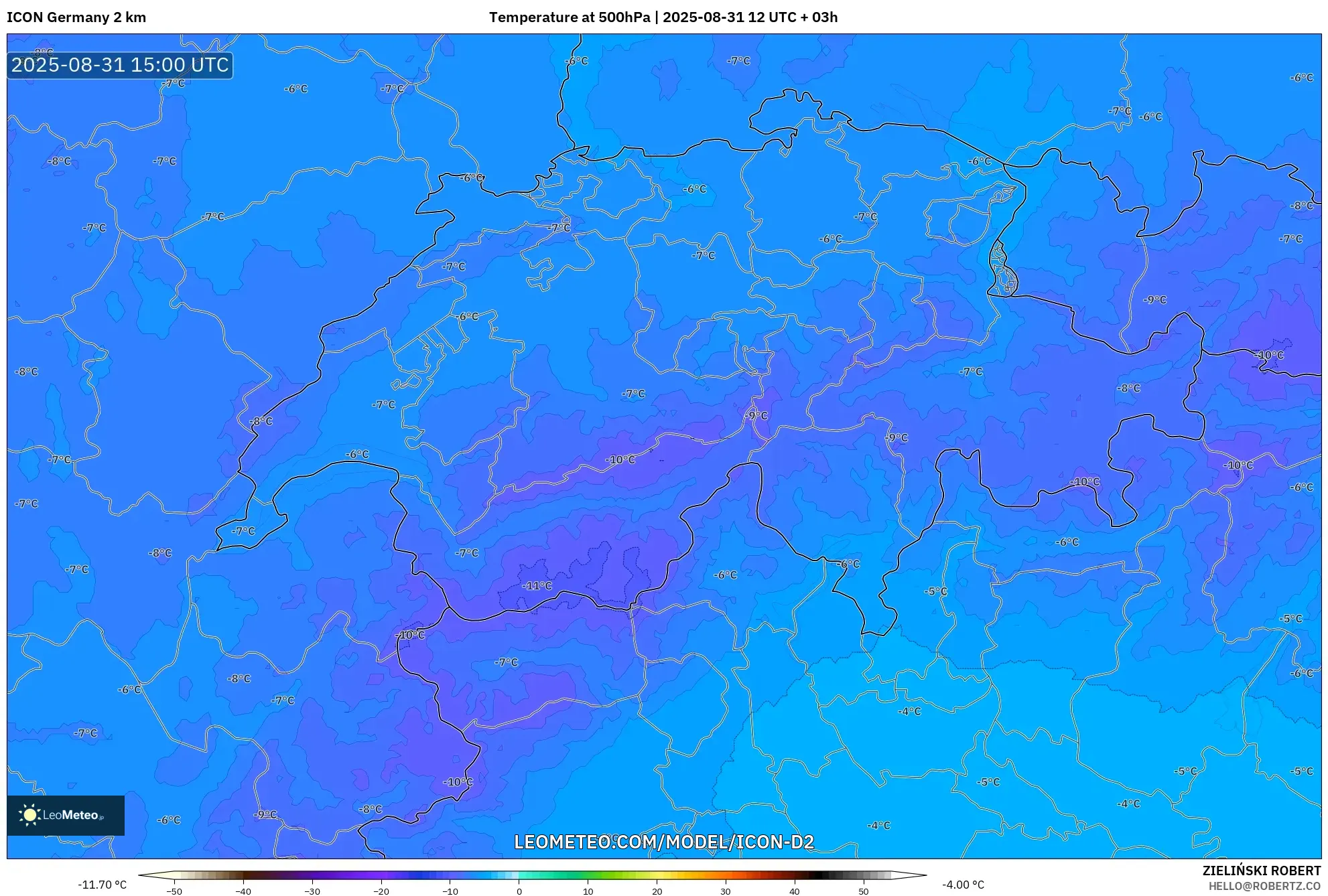 ICON Germany 2 km model - Switzerland, Temperature at 500hPa ICON Germany 2 km model - Switzerland, Temperature at 500hPa