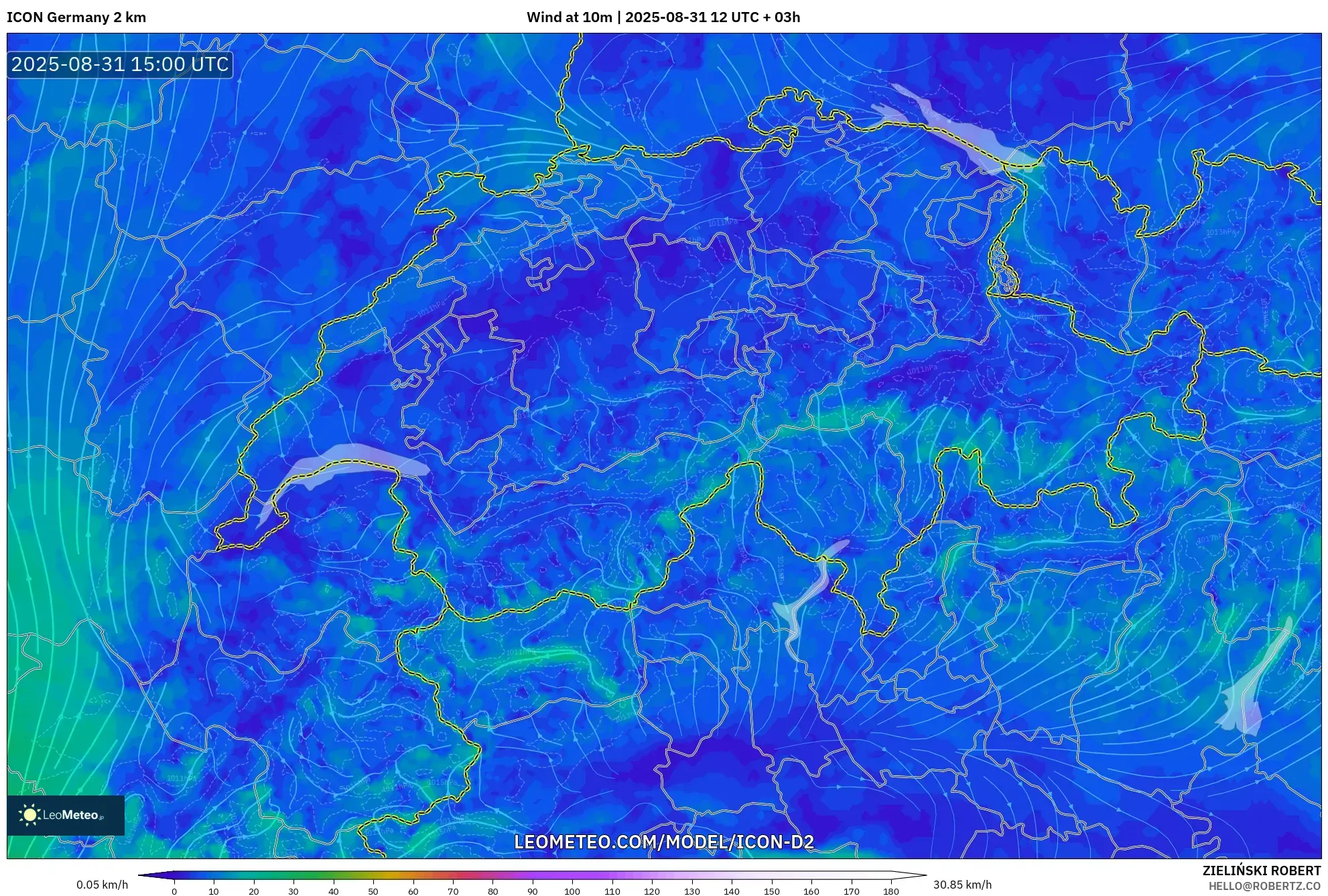 ICON Germany 2 km model - Switzerland, Wind at 10m ICON Germany 2 km model - Switzerland, Wind at 10m