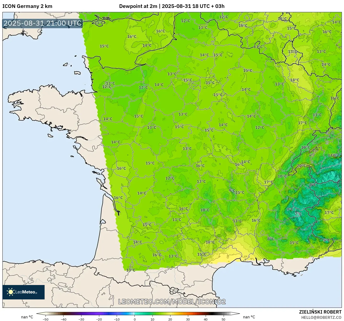 ICON Germany 2 km model - France, Dewpoint at 2m ICON Germany 2 km model - France, Dewpoint at 2m