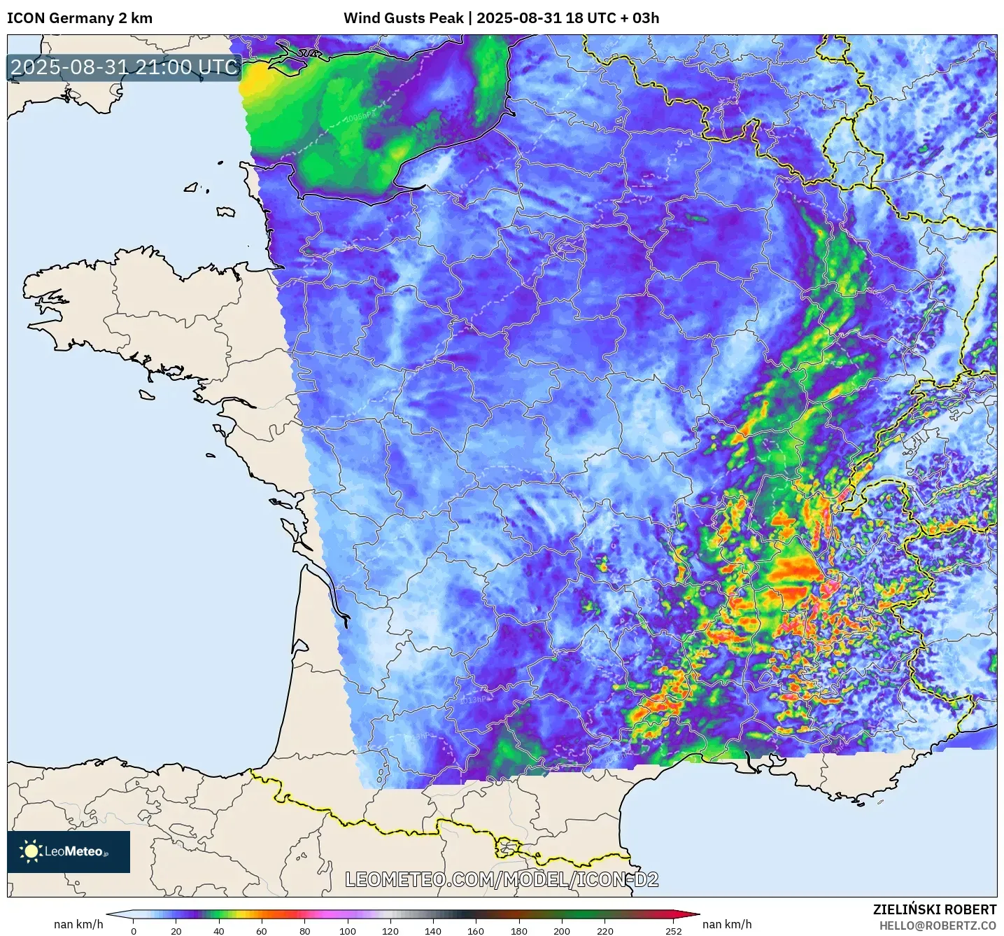 ICON Germany 2 km model - France, Wind Gusts Peak ICON Germany 2 km model - France, Wind Gusts Peak