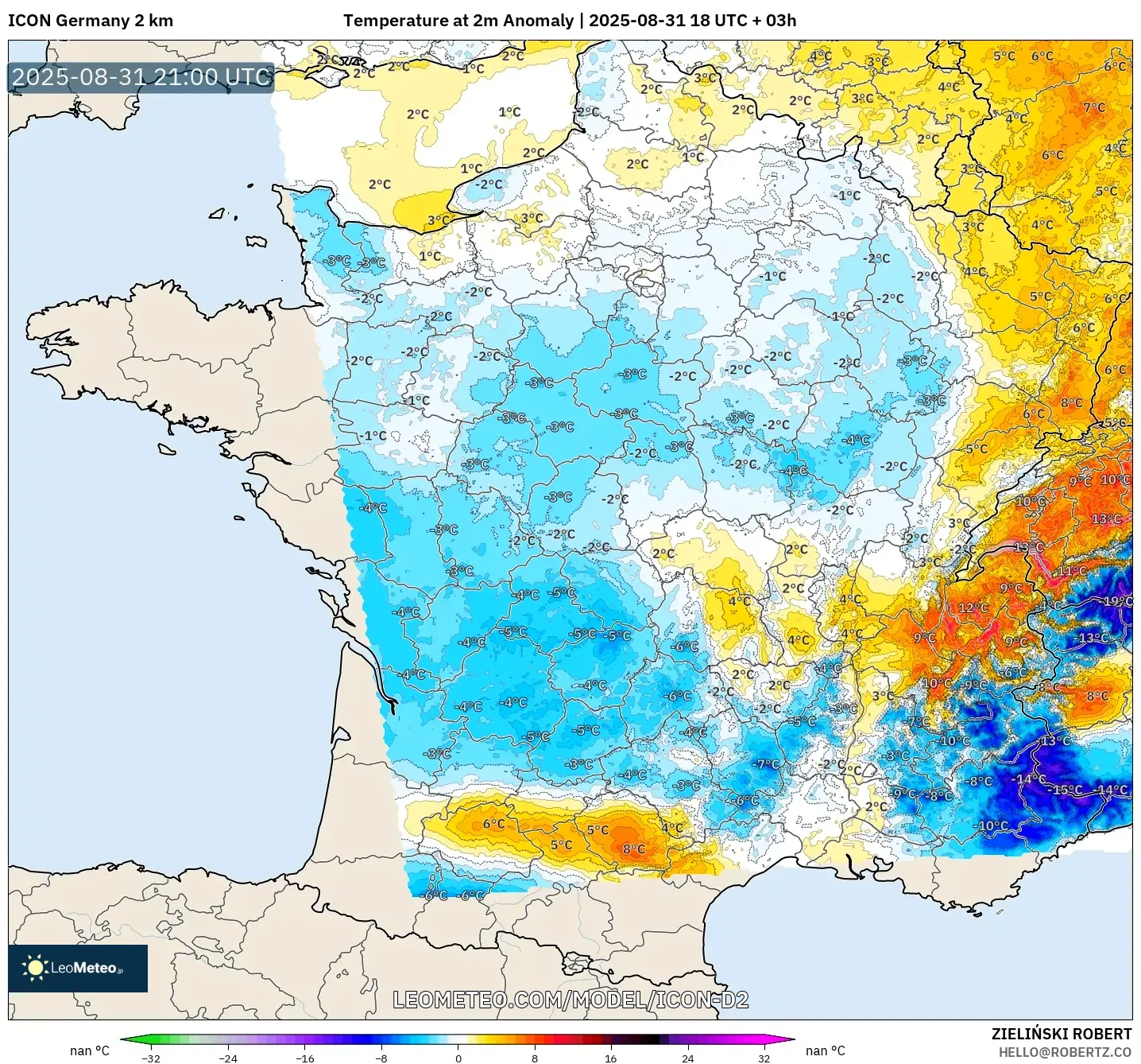 ICON Germany 2 km model - France, Temperature at 2m Anomaly ICON Germany 2 km model - France, Temperature at 2m Anomaly