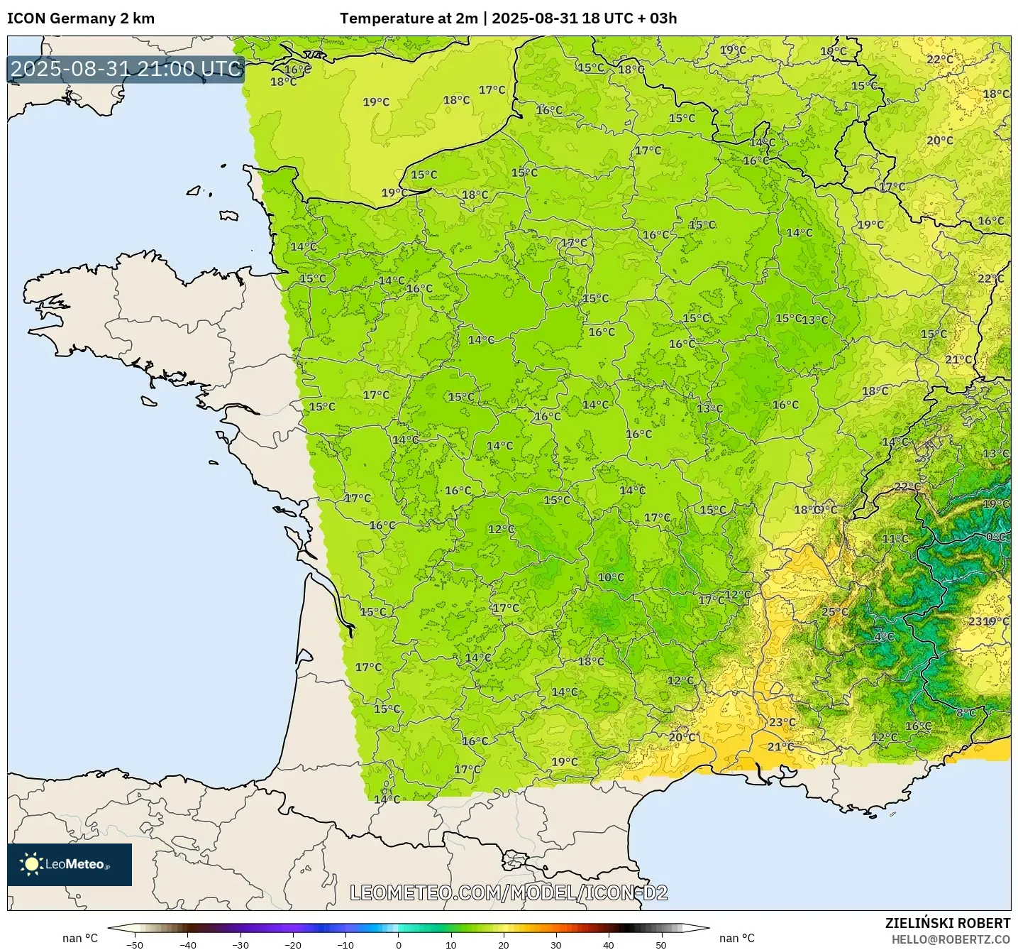 ICON Germany 2 km model - France, Temperature at 2m ICON Germany 2 km model - France, Temperature at 2m