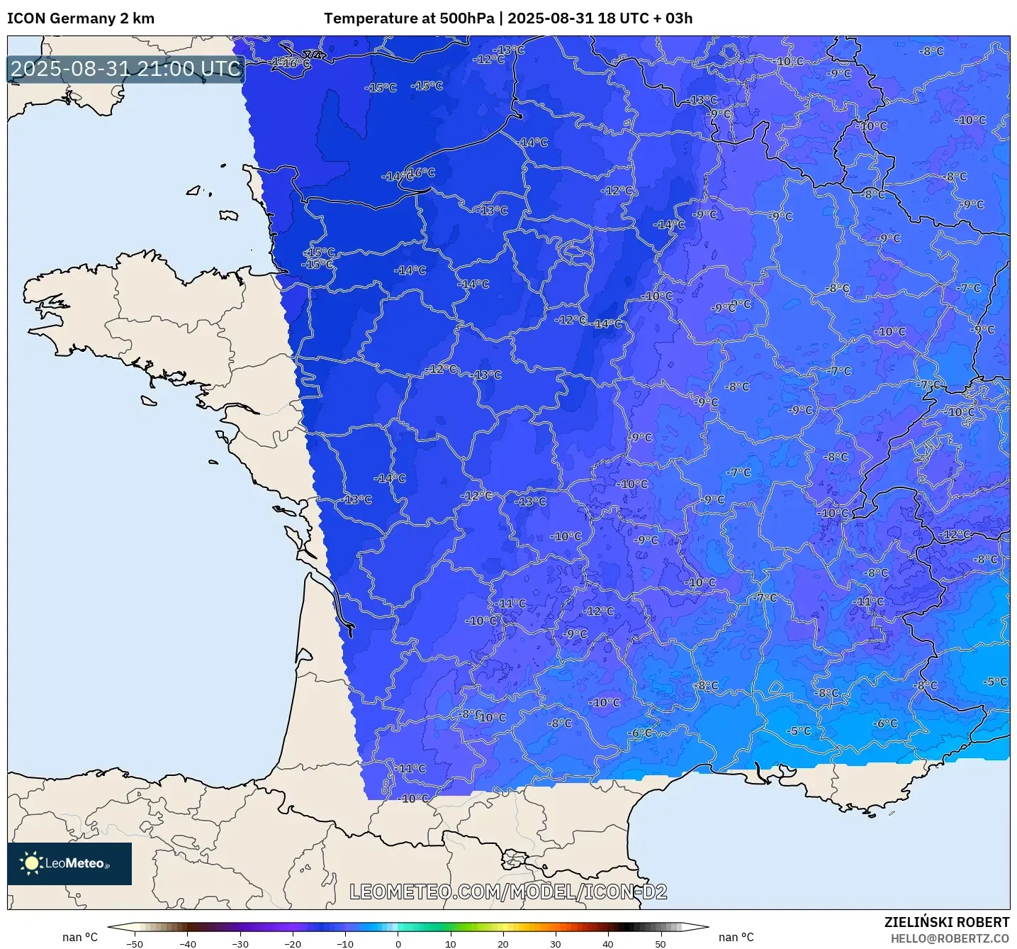 ICON Germany 2 km model - France, Temperature at 500hPa ICON Germany 2 km model - France, Temperature at 500hPa