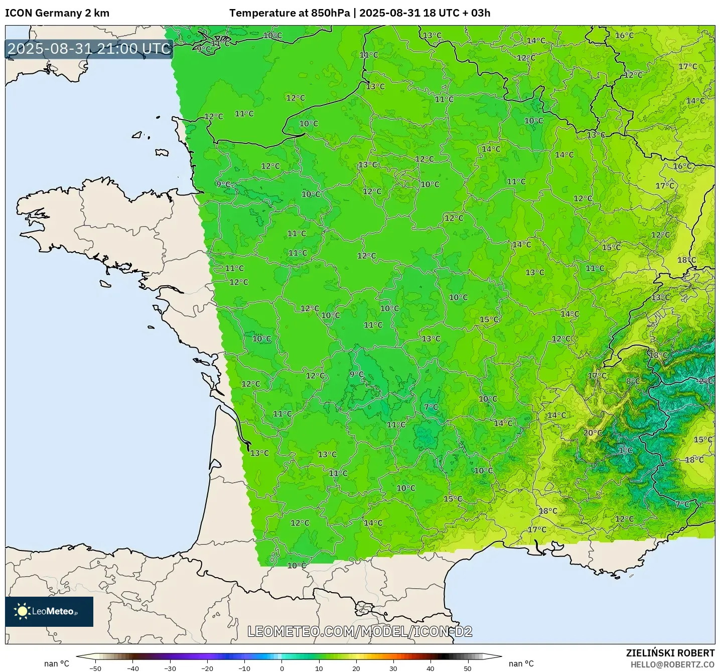 ICON Germany 2 km model - France, Temperature at 850hPa ICON Germany 2 km model - France, Temperature at 850hPa