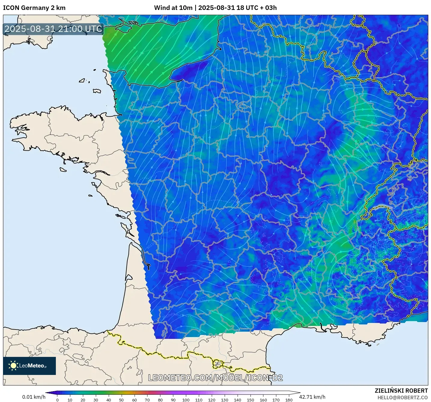 ICON Germany 2 km model - France, Wind at 10m ICON Germany 2 km model - France, Wind at 10m