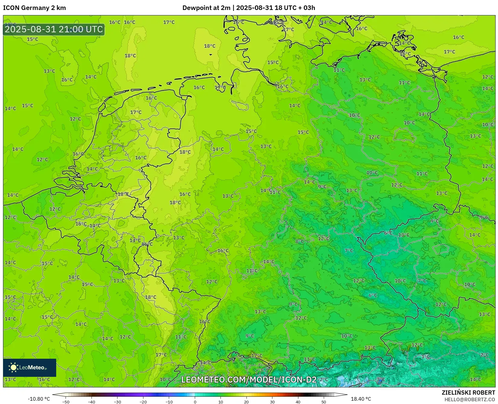 ICON Germany 2 km model - Germany, Dewpoint at 2m