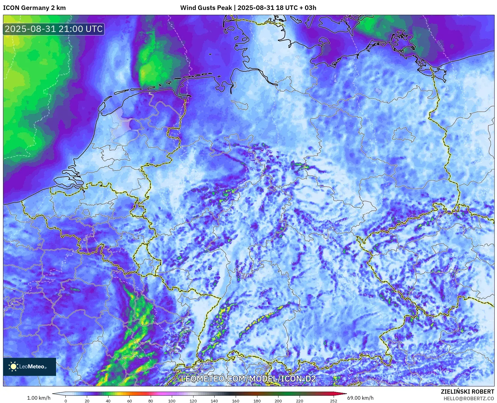 ICON Germany 2 km model - Germany, Wind Gusts Peak ICON Germany 2 km model - Germany, Wind Gusts Peak