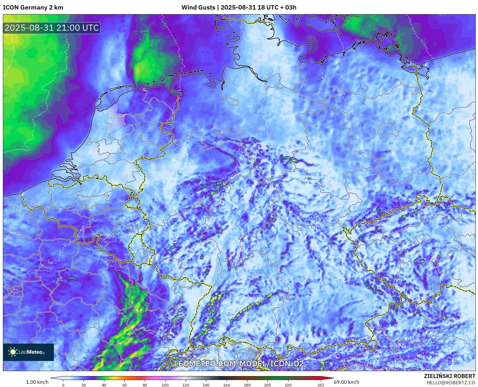 ICON Germany 2 km model - Germany, Wind Gusts ICON Germany 2 km model - Germany, Wind Gusts