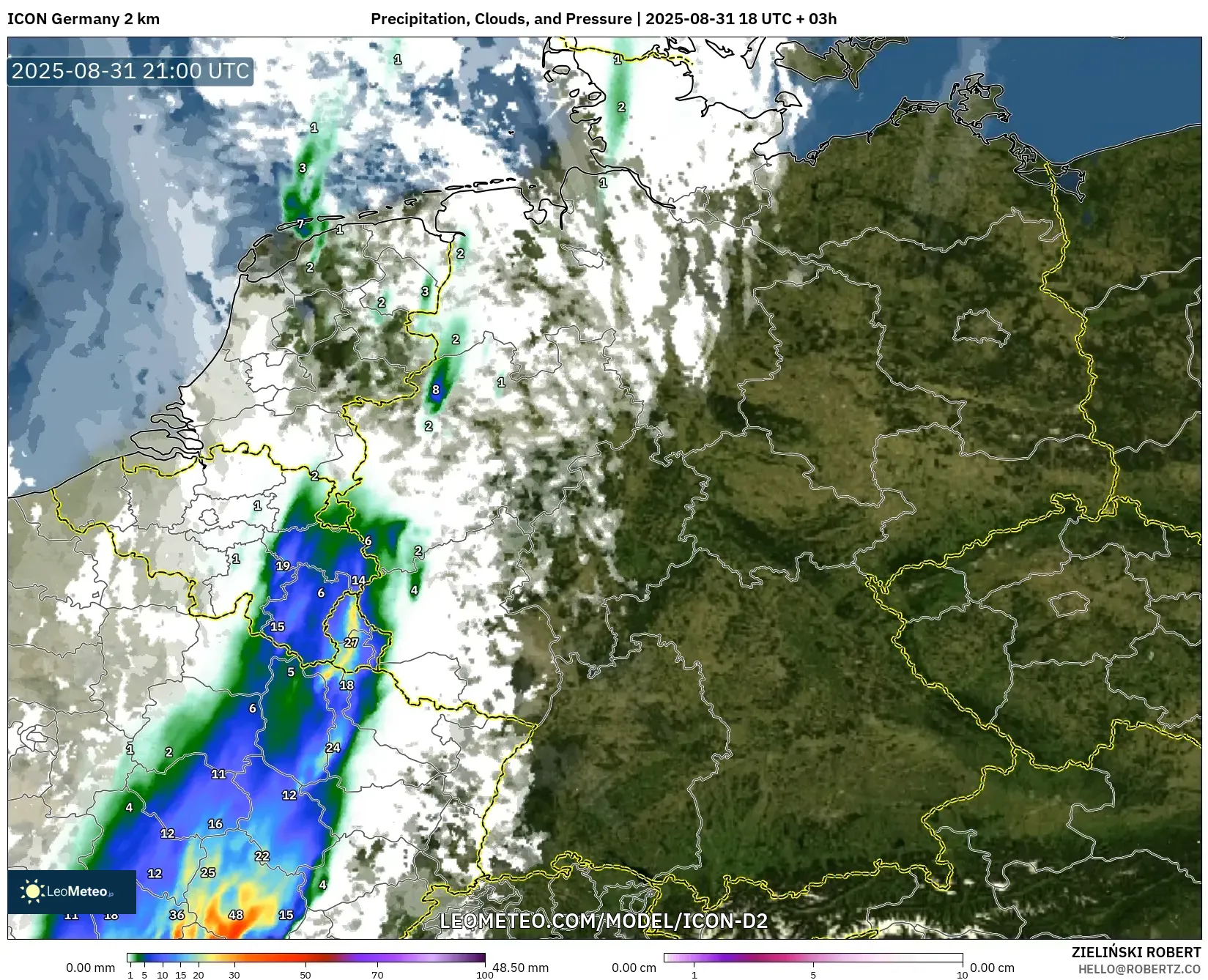ICON Germany 2 km model - Germany, Precipitation, Clouds, and Pressure ICON Germany 2 km model - Germany, Precipitation, Clouds, and Pressure