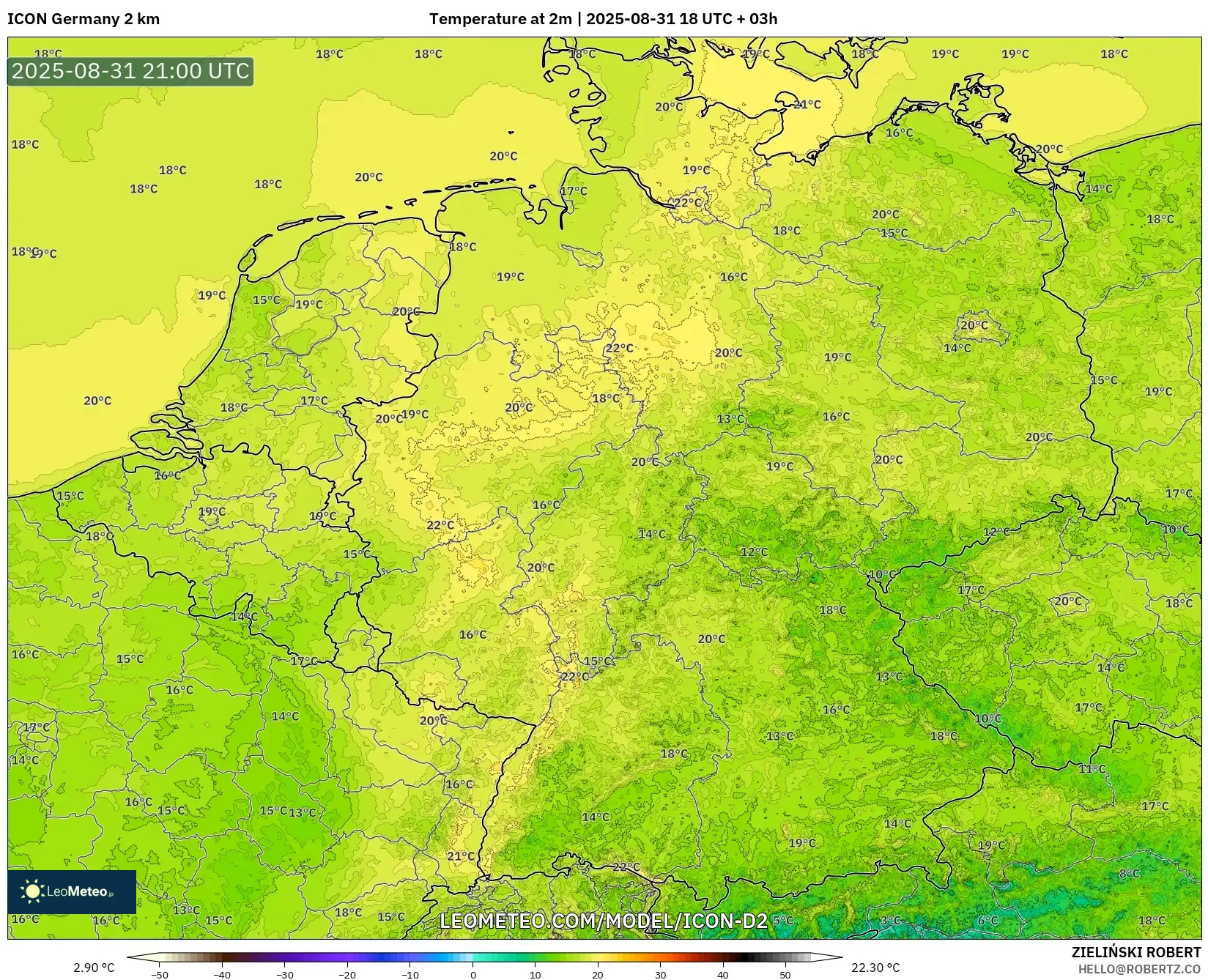 ICON Germany 2 km model - Germany, Temperature at 2m ICON Germany 2 km model - Germany, Temperature at 2m