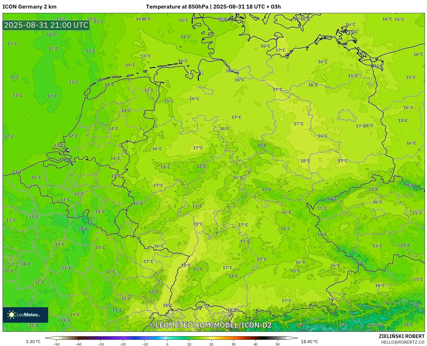 ICON Germany 2 km model - Germany, Temperature at 850hPa ICON Germany 2 km model - Germany, Temperature at 850hPa