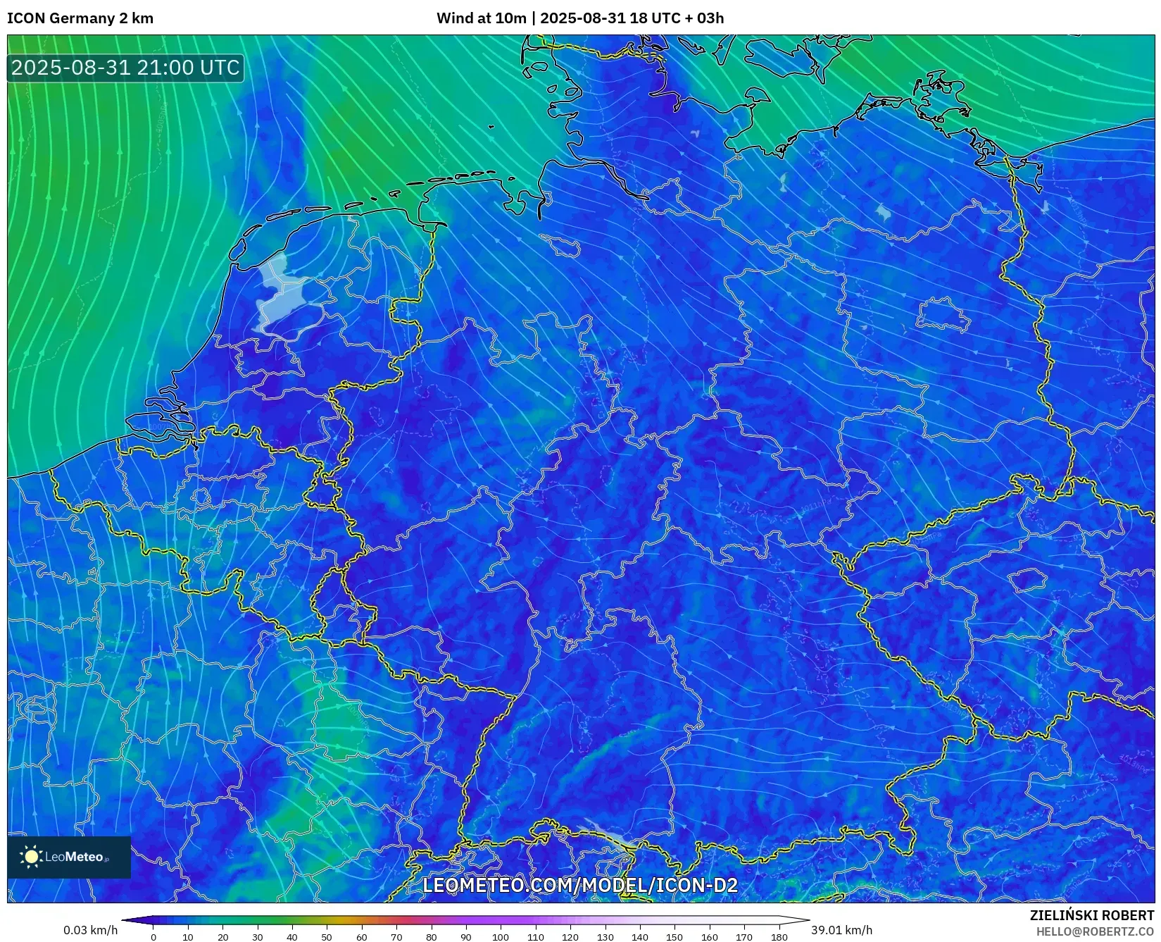 ICON Germany 2 km model - Germany, Wind at 10m ICON Germany 2 km model - Germany, Wind at 10m