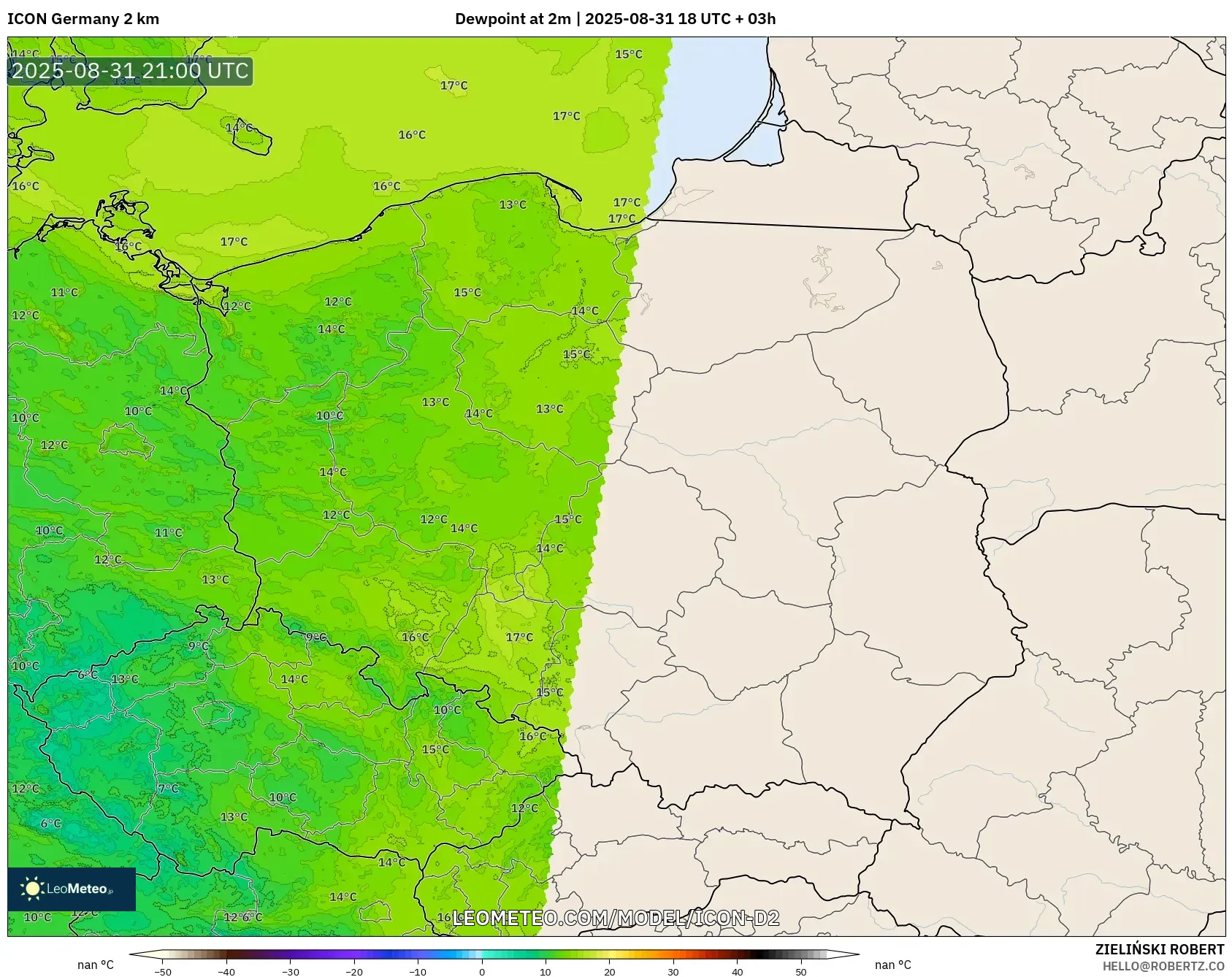 ICON Germany 2 km model - Poland, Dewpoint at 2m ICON Germany 2 km model - Poland, Dewpoint at 2m
