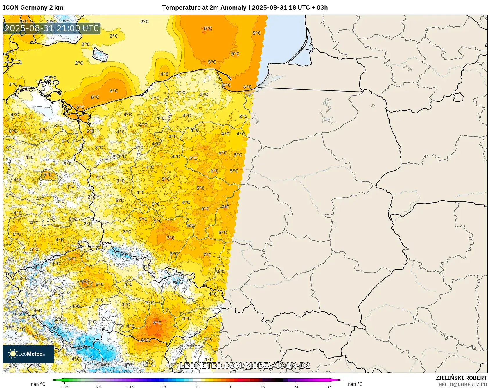 ICON Germany 2 km model - Poland, Temperature at 2m Anomaly ICON Germany 2 km model - Poland, Temperature at 2m Anomaly