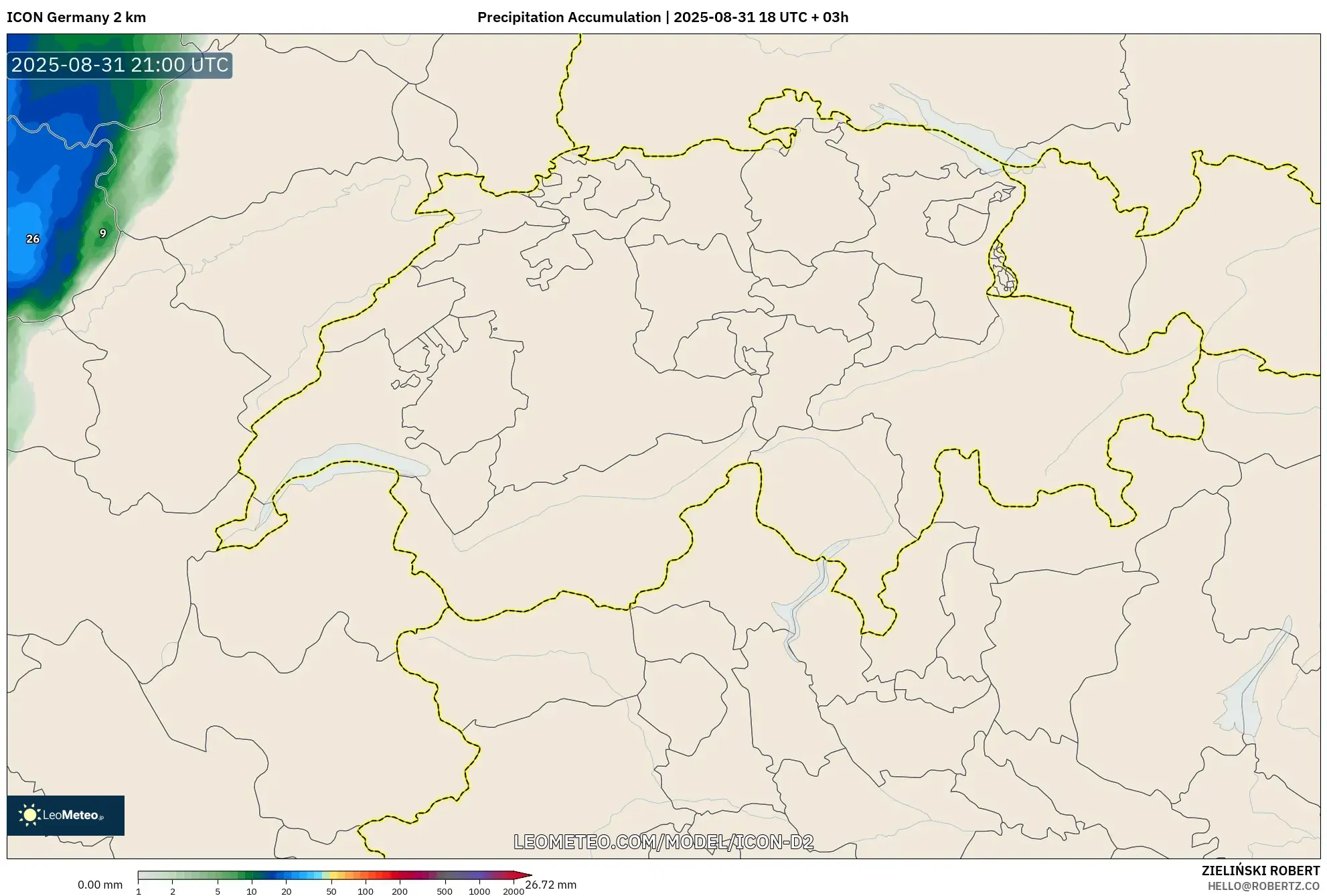 ICON Germany 2 km model - Switzerland, Precipitation Accumulation ICON Germany 2 km model - Switzerland, Precipitation Accumulation