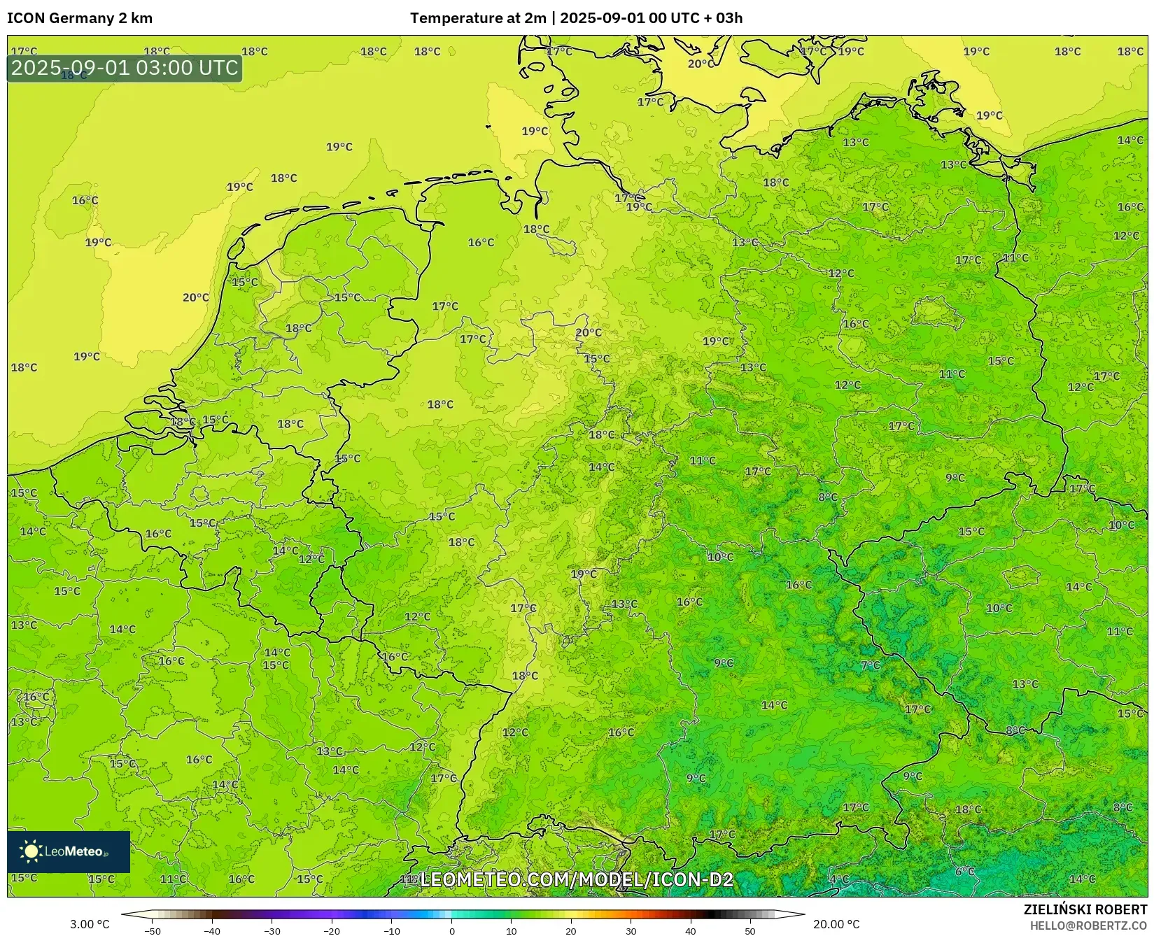 ICON Germany 2 km model - Germany, Temperature at 2m ICON Germany 2 km model - Germany, Temperature at 2m