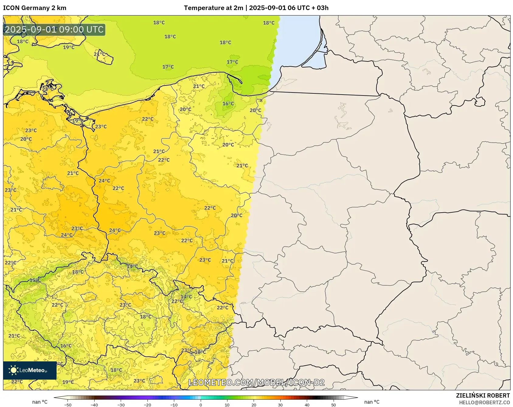 ICON Germany 2 km model - Poland, Temperature at 2m ICON Germany 2 km model - Poland, Temperature at 2m