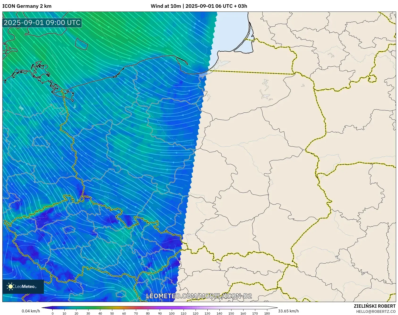 ICON Germany 2 km model - Poland, Wind at 10m ICON Germany 2 km model - Poland, Wind at 10m