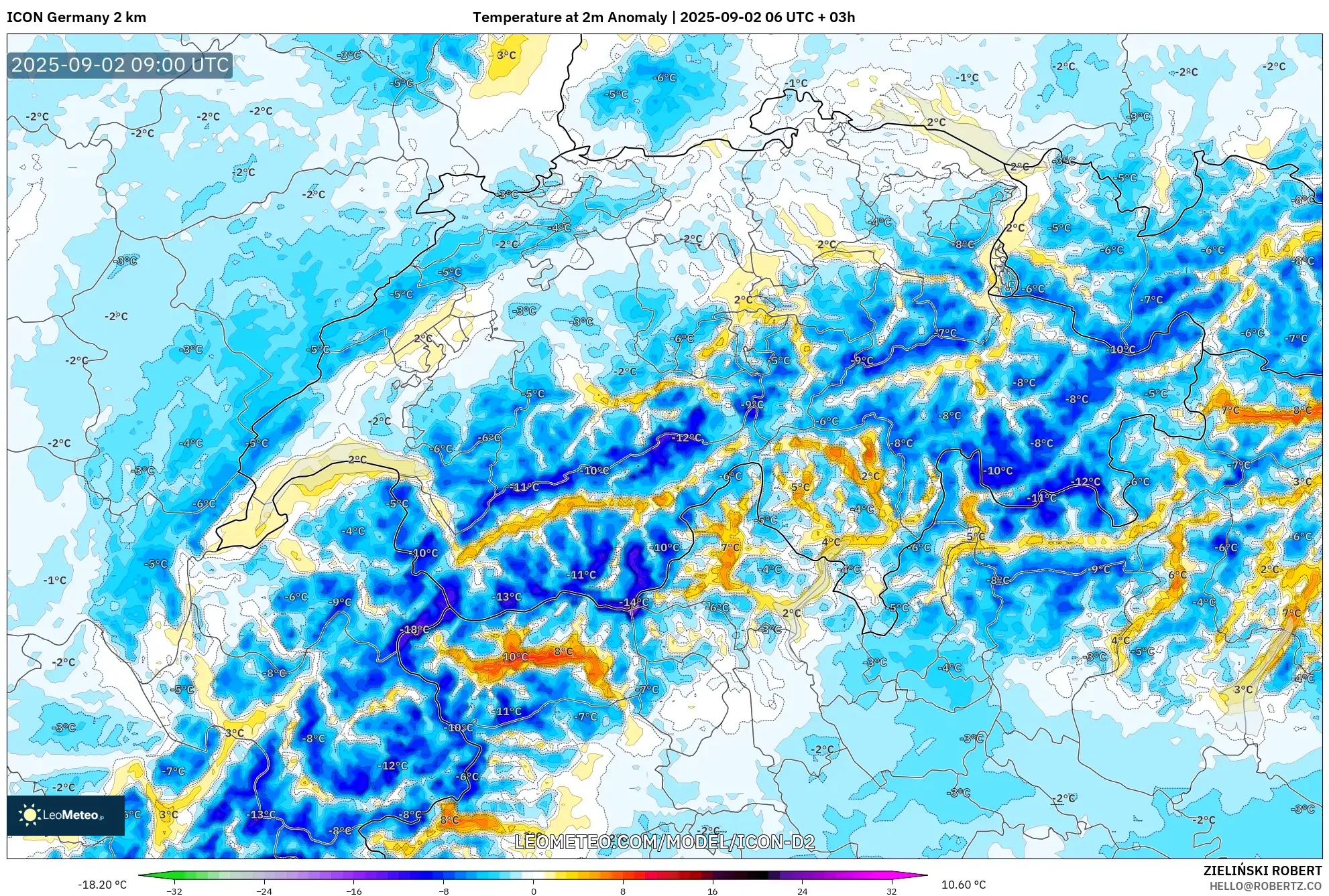 ICON Germany 2 km model - Switzerland, Temperature at 2m Anomaly ICON Germany 2 km model - Switzerland, Temperature at 2m Anomaly