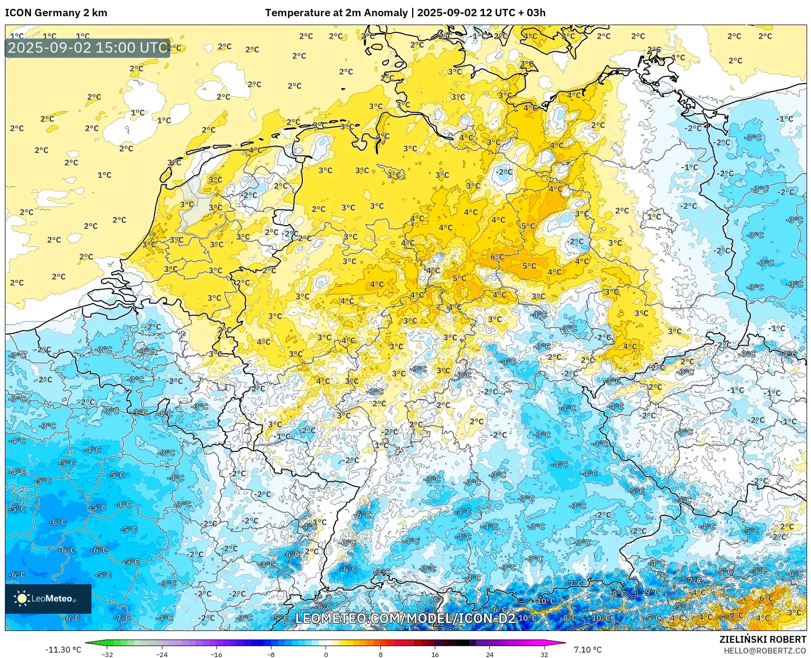 ICON Germany 2 km model - Germany, Temperature at 2m Anomaly ICON Germany 2 km model - Germany, Temperature at 2m Anomaly