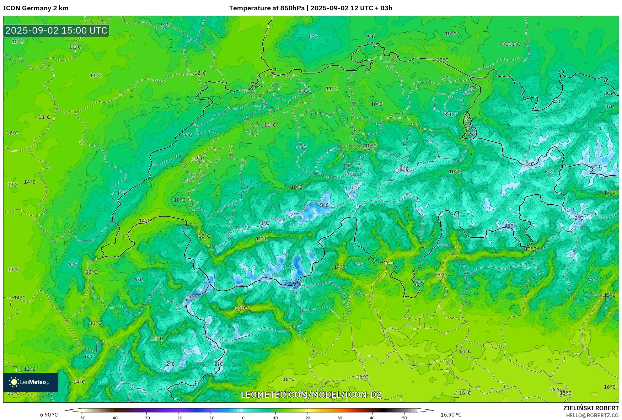ICON Germany 2 km model - Switzerland, Temperature at 850hPa ICON Germany 2 km model - Switzerland, Temperature at 850hPa