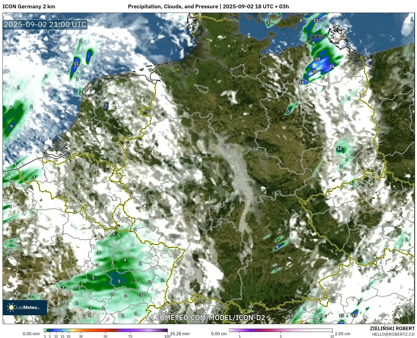 ICON Germany 2 km model - Germany, Precipitation, Clouds, and Pressure
