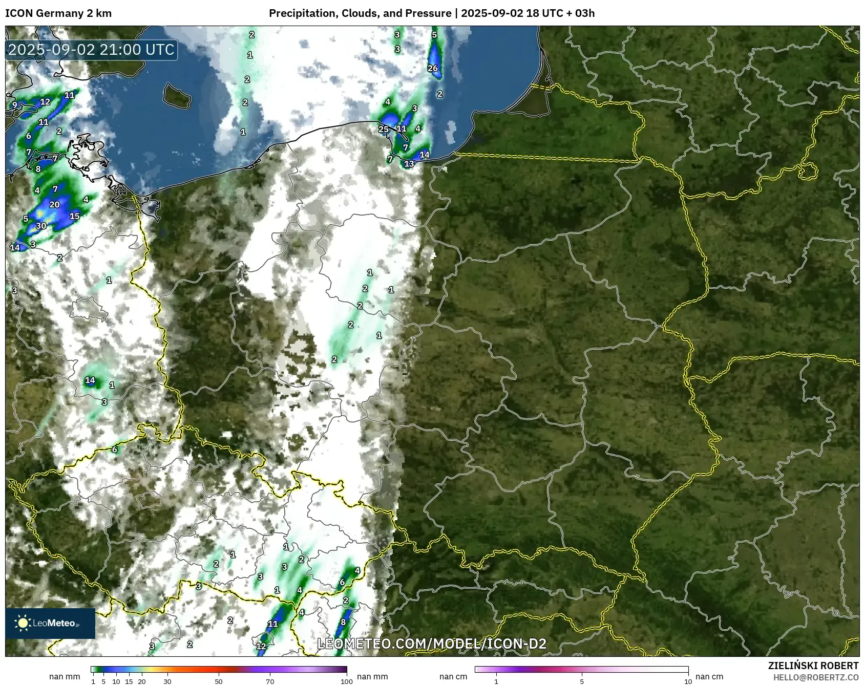 ICON Germany 2 km model - Poland, Precipitation, Clouds, and Pressure ICON Germany 2 km model - Poland, Precipitation, Clouds, and Pressure