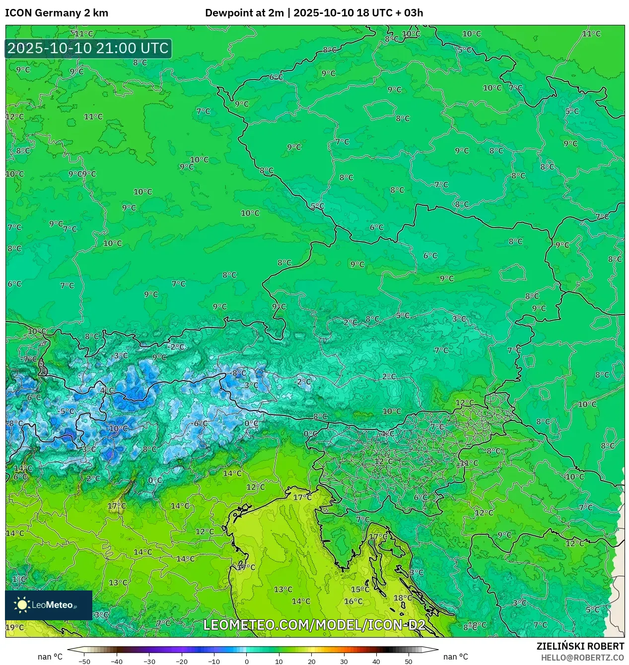 ICON Germany 2 km model - Austria, Dewpoint at 2m ICON Germany 2 km model - Austria, Dewpoint at 2m