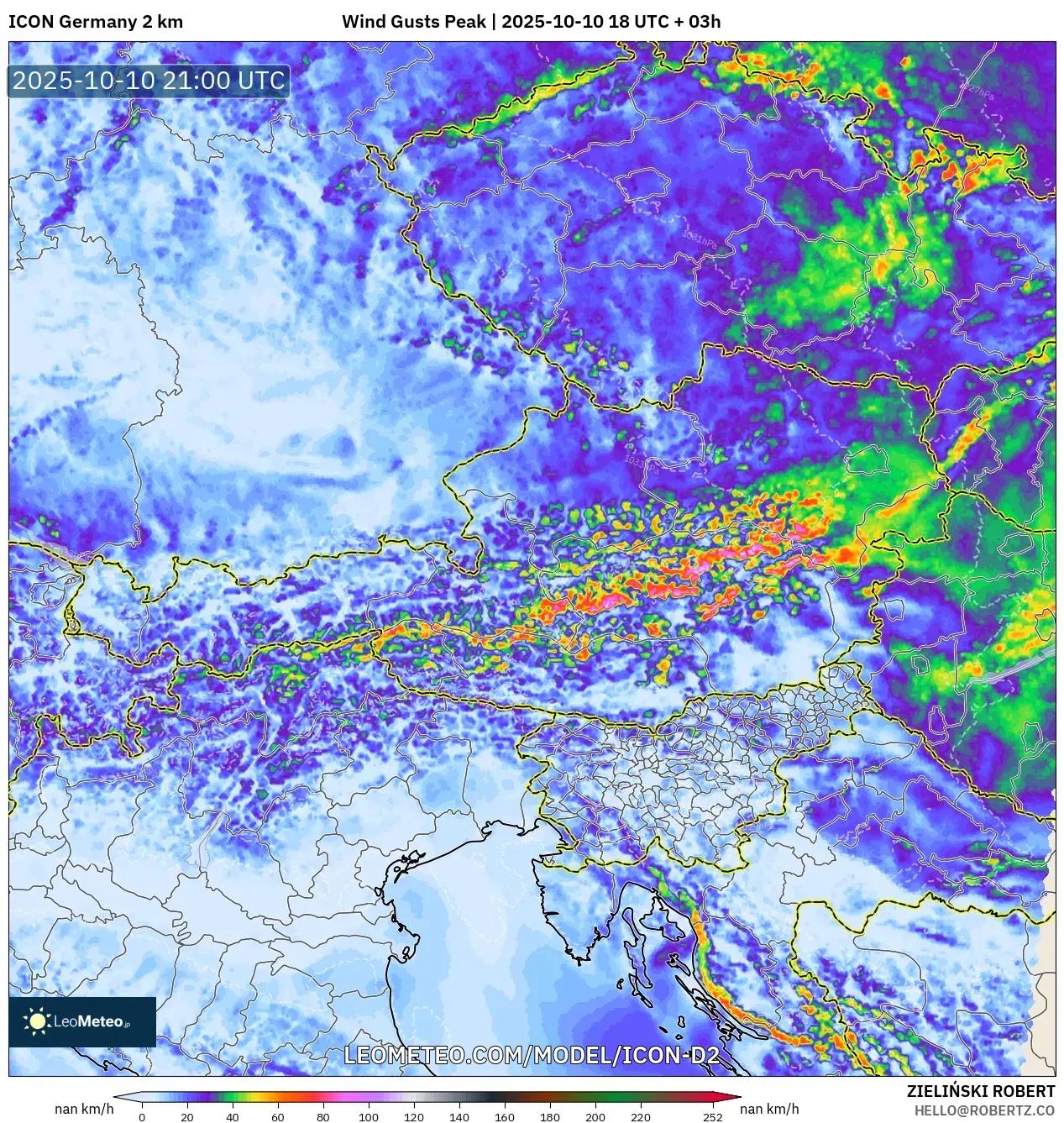 ICON Germany 2 km model - Austria, Wind Gusts Peak ICON Germany 2 km model - Austria, Wind Gusts Peak
